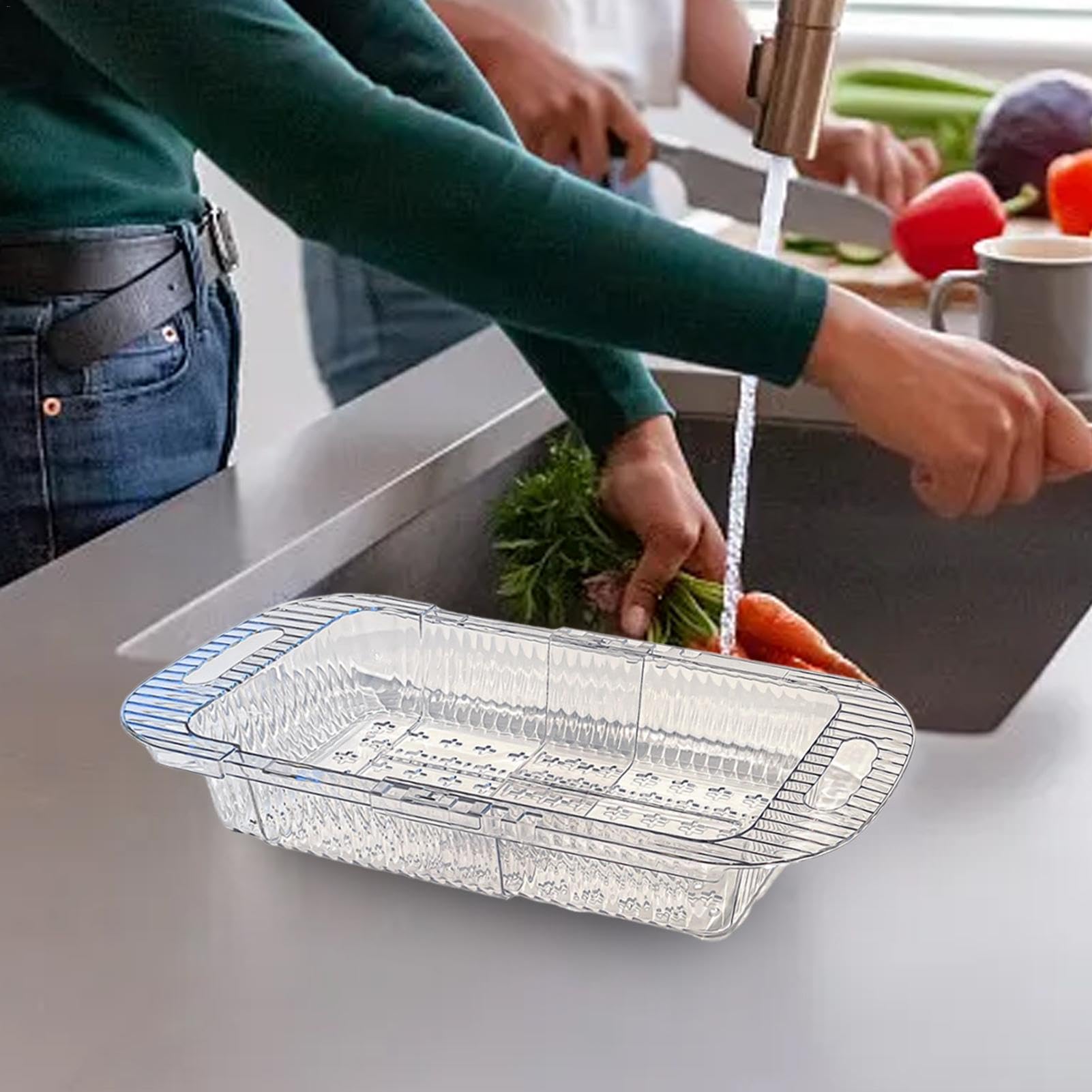 Komzon Set di colino con ciotola per lavello, estensibile, per lavare frutta e verdura, scolapasta in plastica retrattile regolabile per drenare la pasta, piatti neri