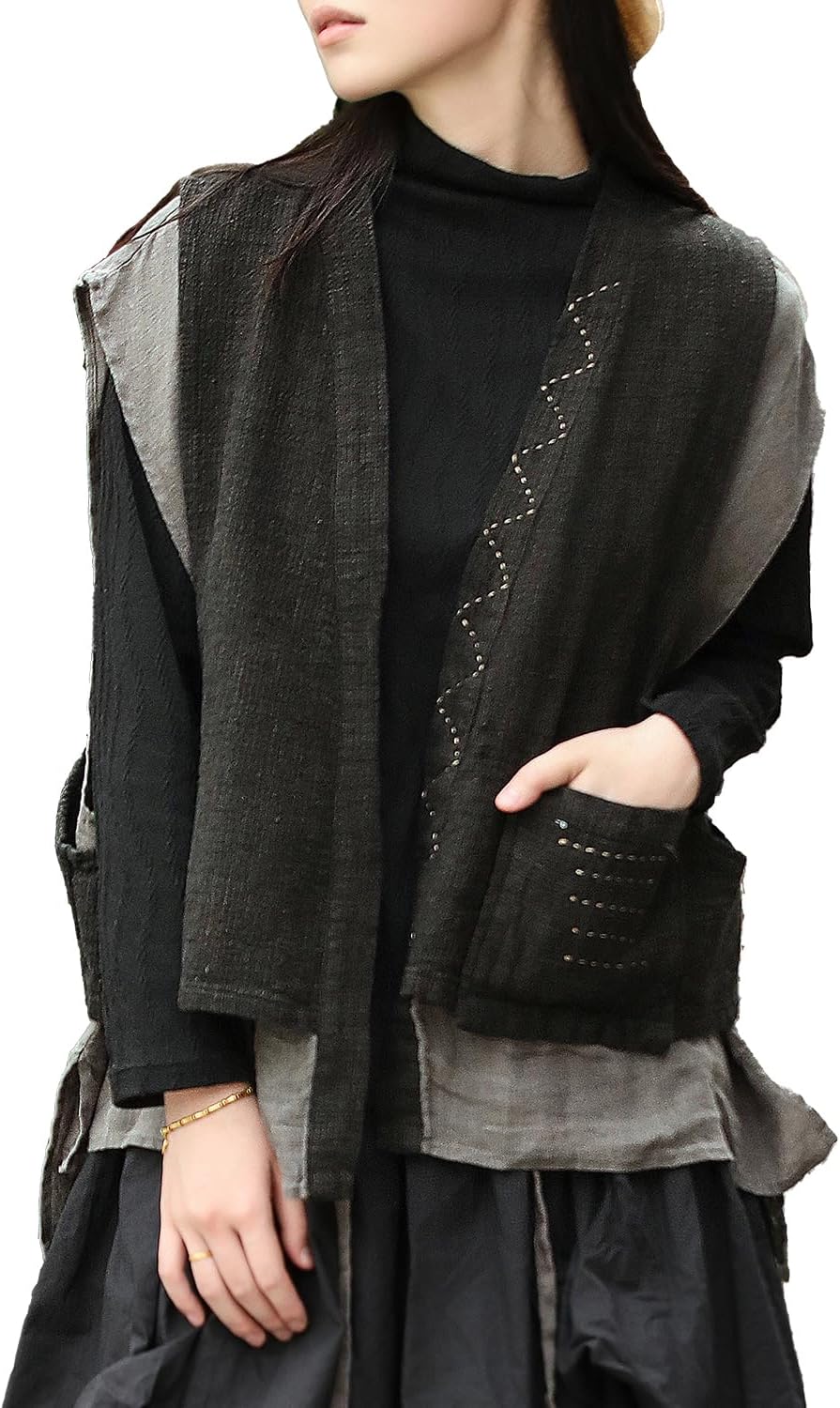 Linen Vest Women Kimono Style Waistcoat – Sleeveless Double Layer Tie Vest with Pockets and Hand-Stitched Details