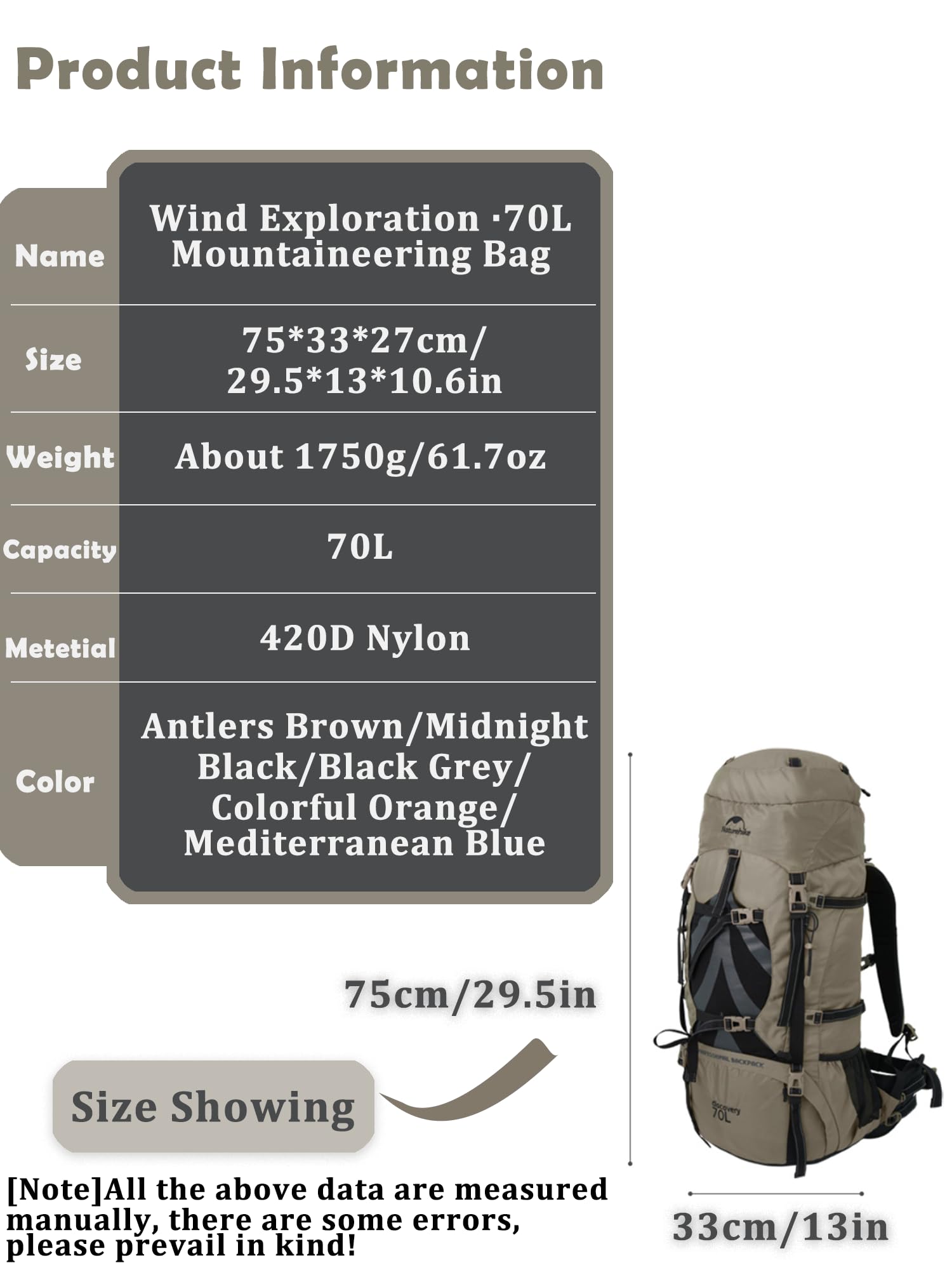Naturehike Lekki plecak turystyczny 70L, wodoodporny plecak górski z pokrowcem przeciwdeszczowym, plecak outdoorowy dla dorosłych