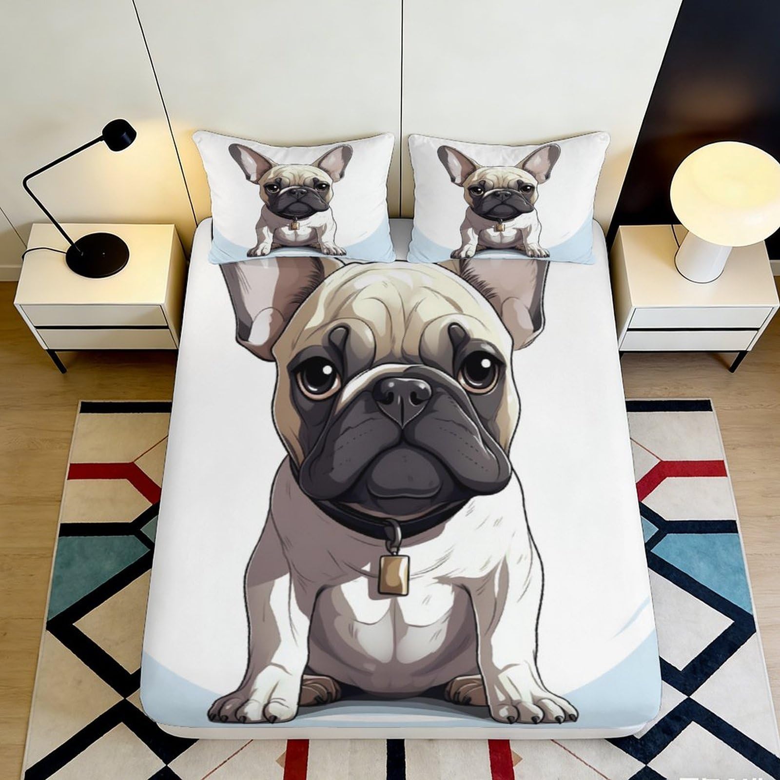 3D Printed French Bulldog Fitted Sheet Microfiber Soft Durable Cartoon Dog Bed Cover for Bedroom Dormitory Guest Room Mattress Protection 180x200x25cm