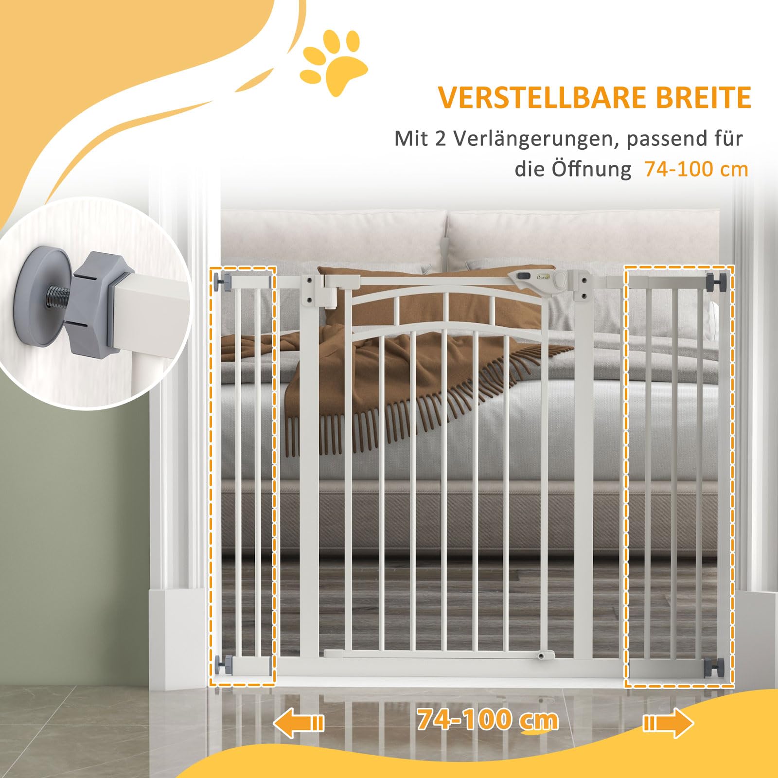 PawHut Stair Gate Dog Door Gate with Two Extensions, Barrera para Perros con Puerta de Cierre automático, Apertura con una Sola Mano, 74-100 cm, para Perros pequeños y medianos, Blanco
