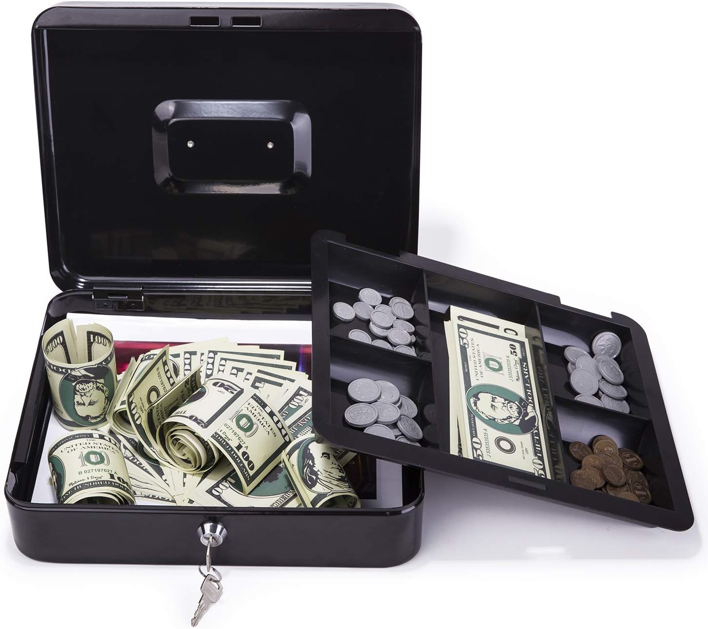 Large Cash Box with Lock - Premium Steel Box with Money Tray and 2 Keys, Black