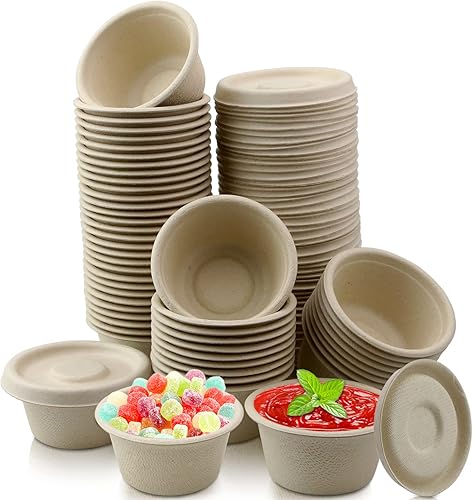 Vmiapxo 60 juegos de tazas de condimento de fibra de bagazo natural de 2 onzas con tapas, recipientes de condimentos de salsa compostables, platos