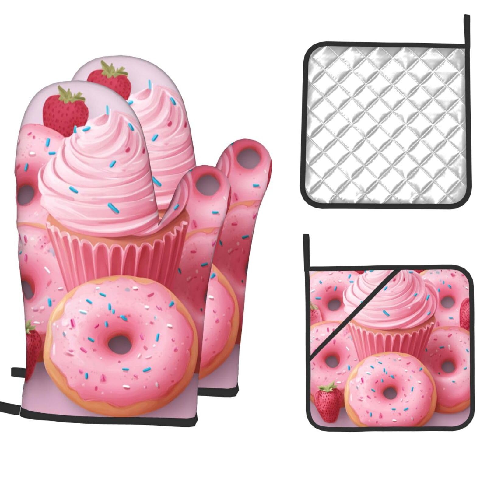 Oven Mitts and Pot Holders Set of 4 Heat Resistant Non-Slip Kitchen Gloves Hot Pads Pink Donut and Cupcake Non-Slip Potholders for Cooking Baking Grilling BBQ