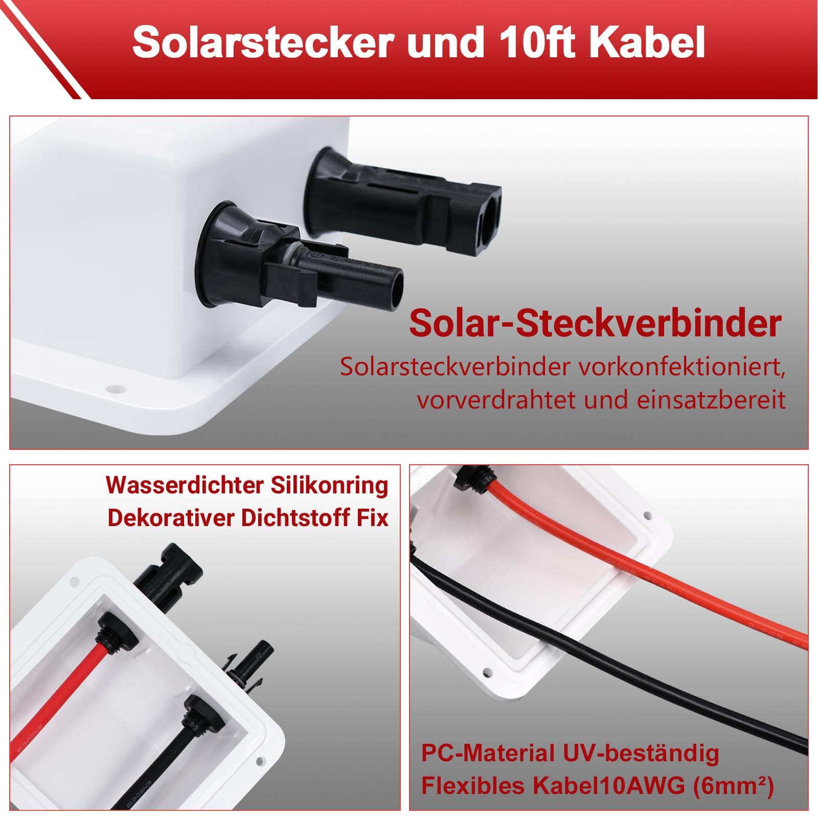 Carcasa de entrada de cable solar doble ABS con cable de cobre suave, resistente a los rayos UV, carcasa de entrada de cable dual para RV, barco, autocaravana (10 pies, 6 mm², color blanco)