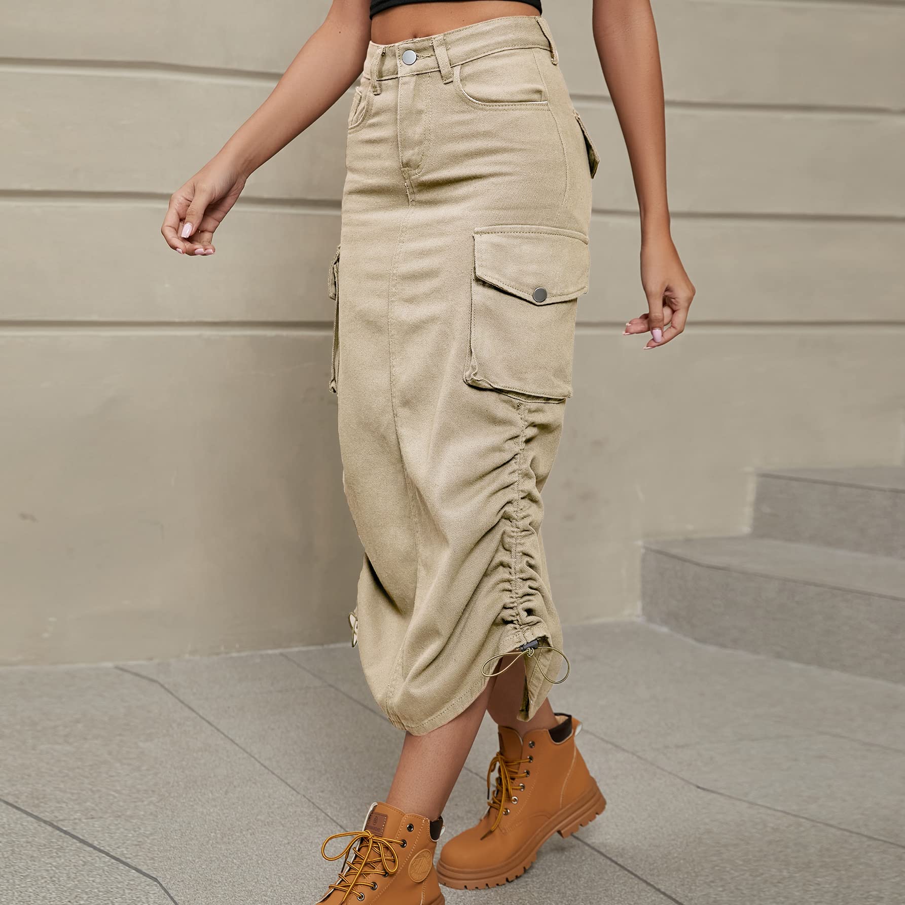 Gonne da Donna, Gonna Cargo in Denim Donna Midi Skirts Vita Alta Coulisse Stile Y2K Tasche Stile Vintage Stile Streetwear per Ufficio e Uso Quotidiano.