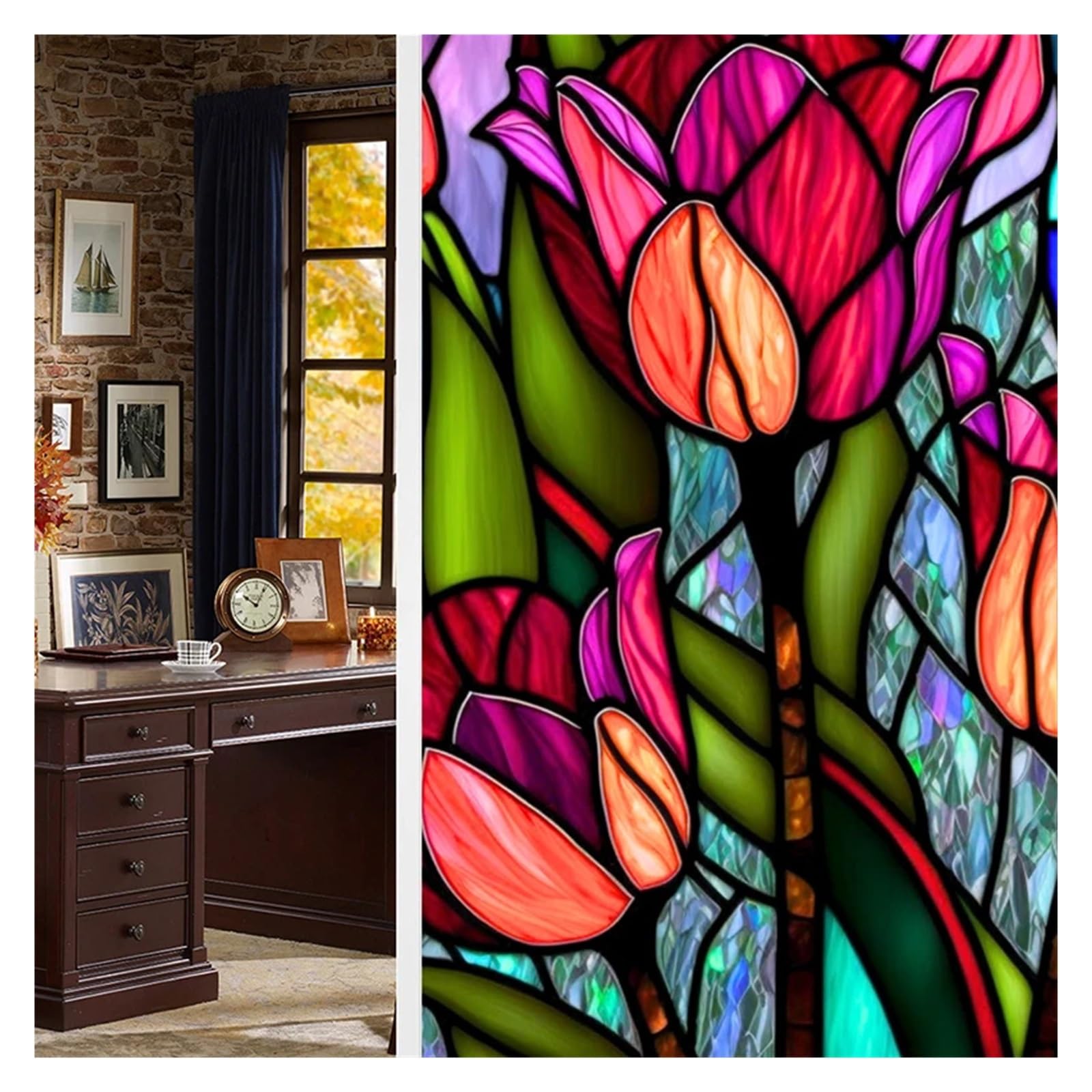 Colorful Retro Flower Bird PVC Electrostatic Glass Stickers Stained Static Cling Frosted Glass Film(Color-19)