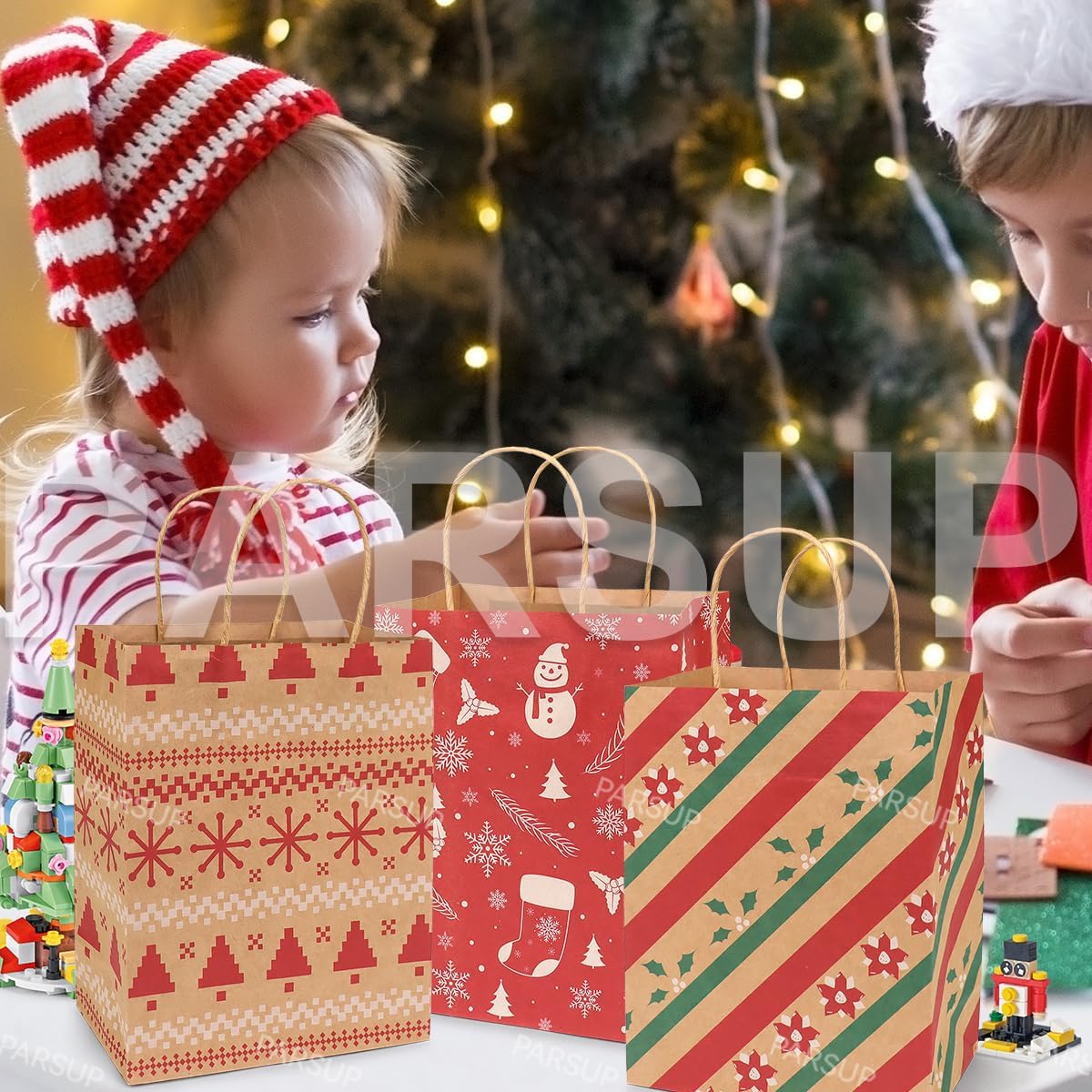 PARSUP Christmas Kraft Gift Bags 24 Count Assorted Styles Bags Xmas Small Paper Bags with Handles Christmas Goodie Bags with Christmas Prints for Xmas Gift Wrapping Christmas Party Supplies - Image 7