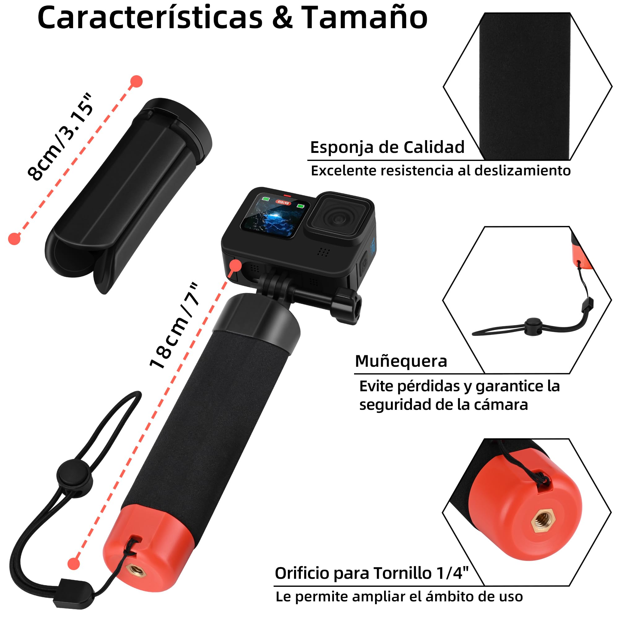 Empuñadura Flotante para GoPro, Palo Impermeable + Mini trípode (Juego de accesorios) Compatible con GoPro Hero 13/12/11/10/9/8/7/6/Max, DJI Osmo Action, AKASO, WOLFANG y otras cámaras de acció