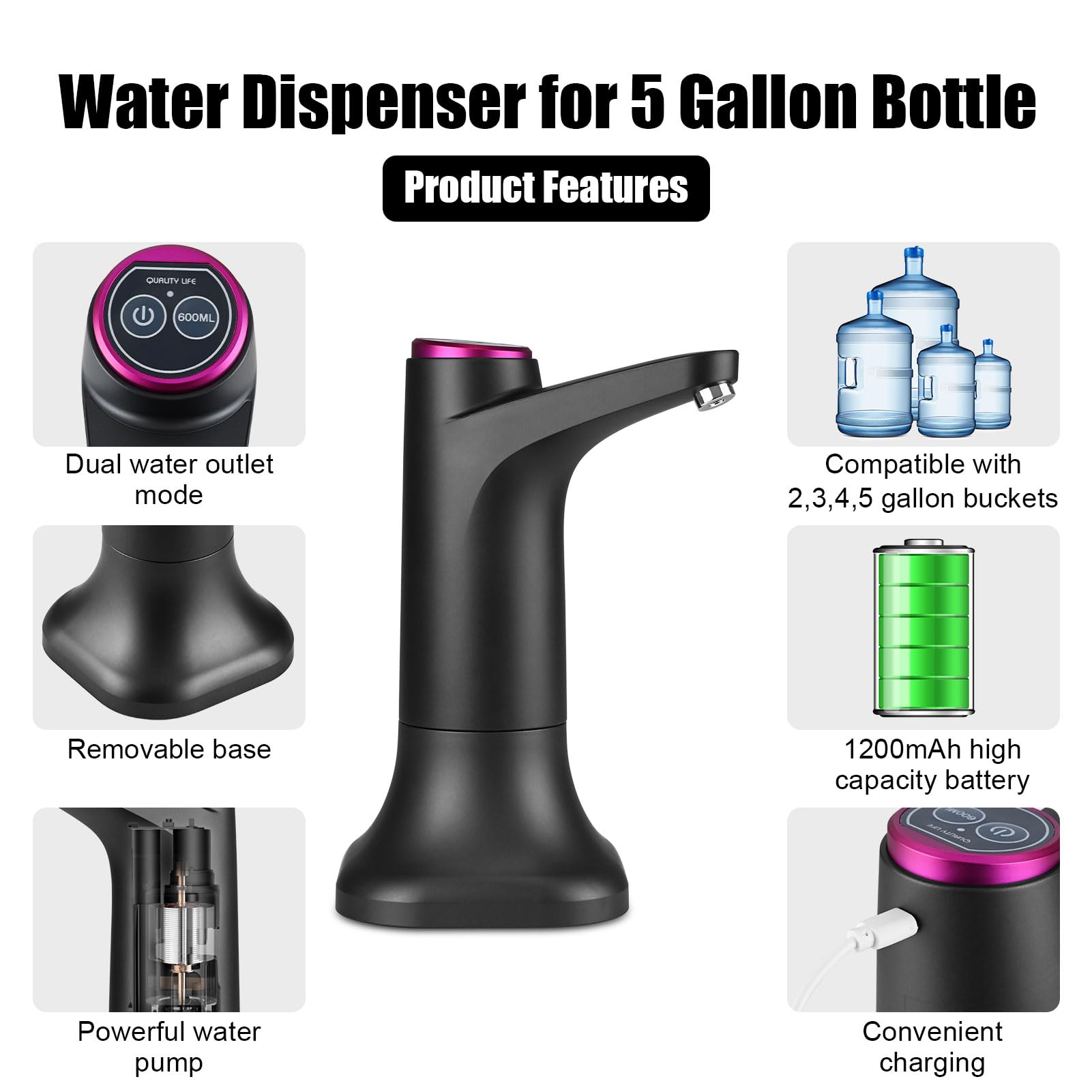 Dispensador de agua para botella de 5 galones, bomba de agua eléctrica portátil con base móvil, carga USB, 600 ml cuantitativo, interruptor de apagado automático para el hogar, camping, viajes