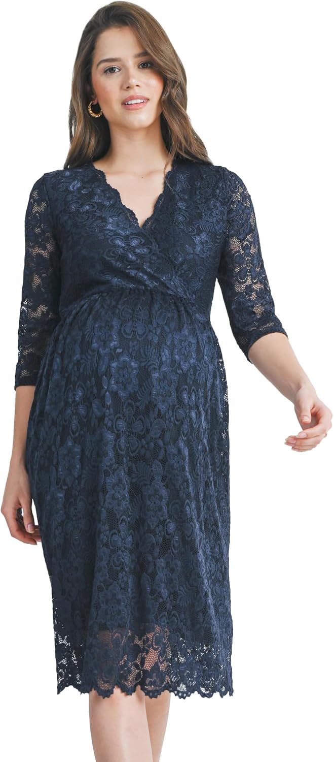 HELLO MIZ Women's Lace Maternity Dress with Nursing Friendly Faux Wrap