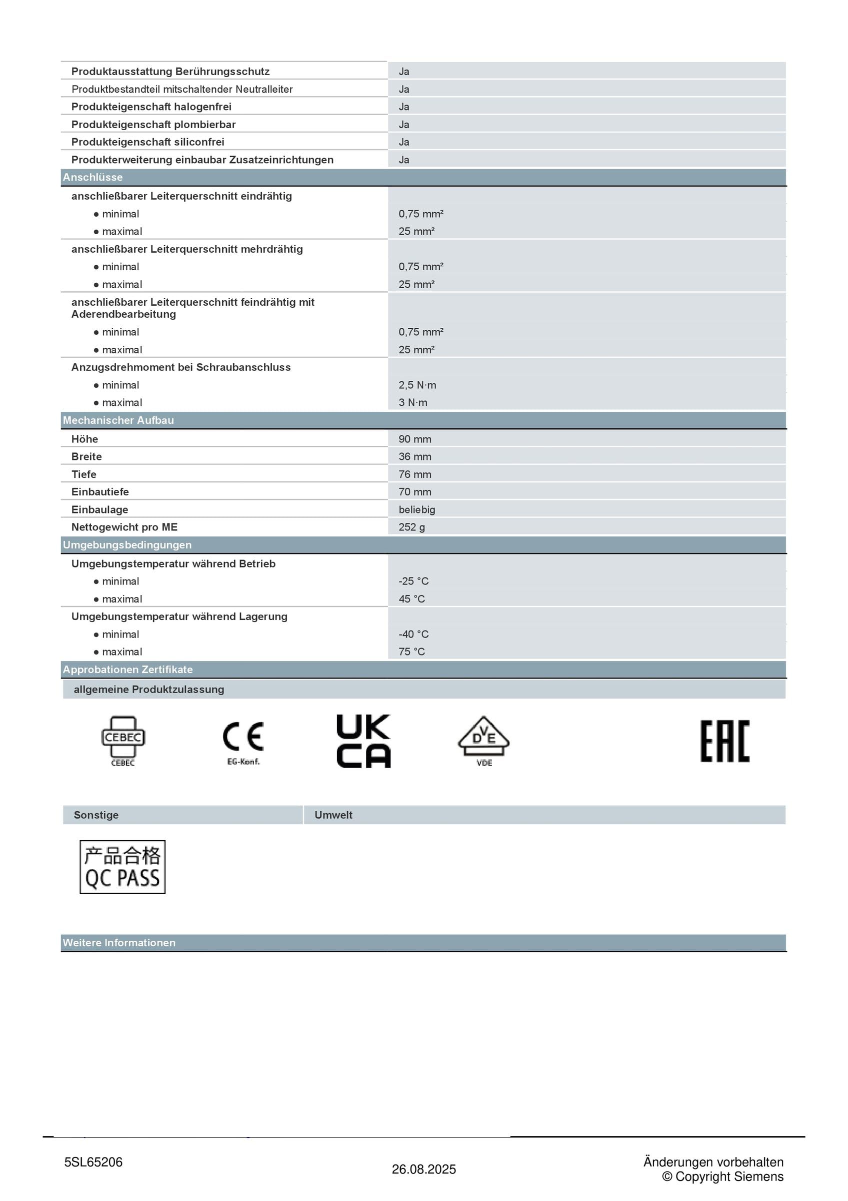 SIEMENS 5SL6 MCB wyłącznik nadprądowy typ B, Pol 1P+N 20 A 230 V SENTRON montaż na szynie DIN