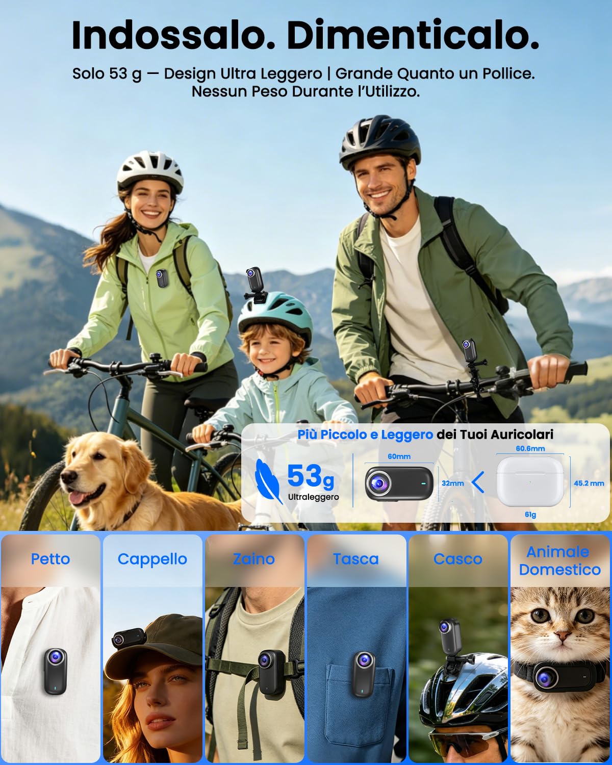 Bextgoo Body Cam, Mini Action Cam 4K,WiFi Action Camera 64GB | Telecamera per Moto con Batteria da 1200mAh, Telecamera Casco Grandangolare 150°, Stabilizzazione EIS per Viaggi, Sport