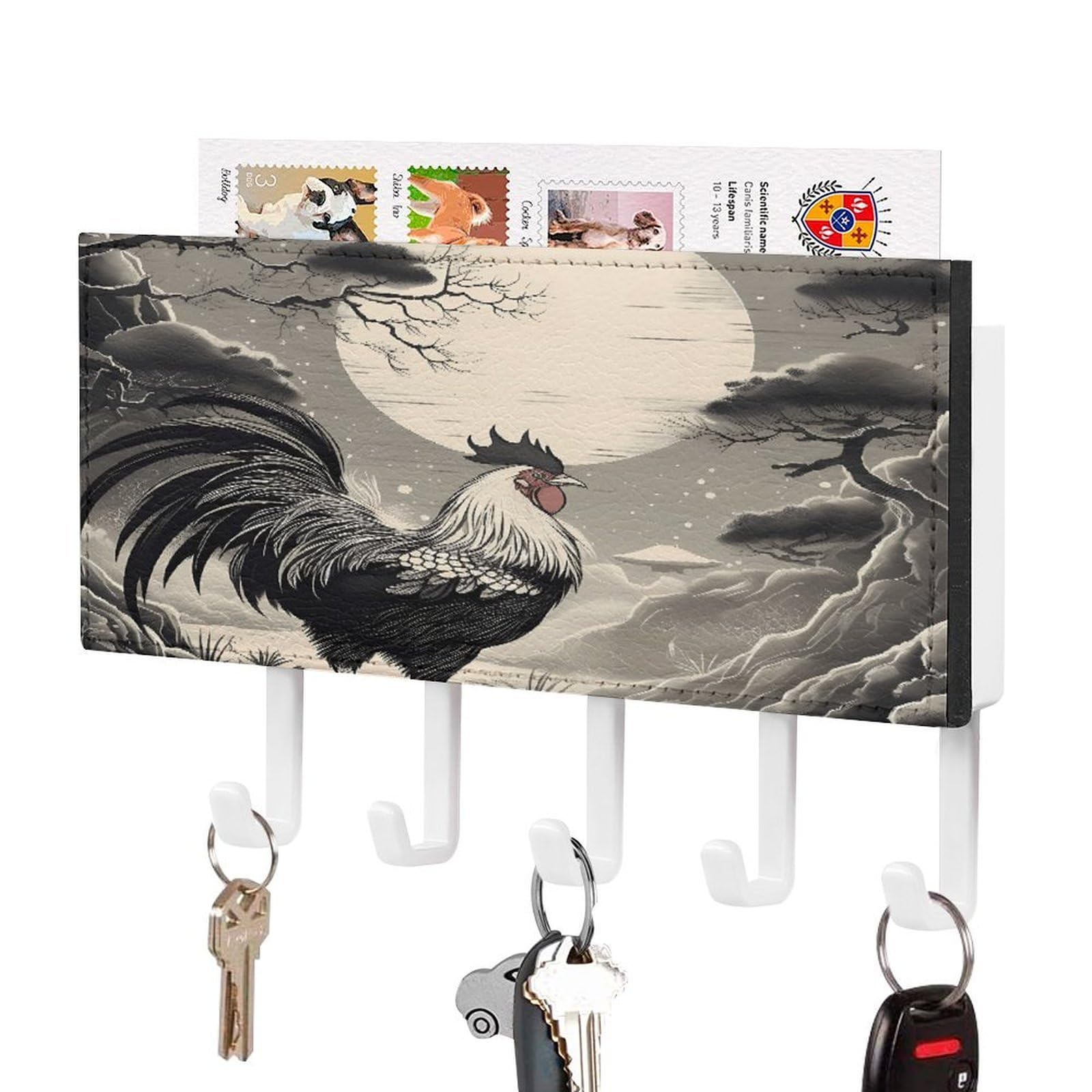 Fekiloot White-Style Chicken On The Mountain Key Holder Wall Mount Key Hanger With 5 Hooks Decorative Key Rack Hanging Key Hooks With Mail Organizer Key Holder For Wall Living Room Kitchen Bathroom Hallway White