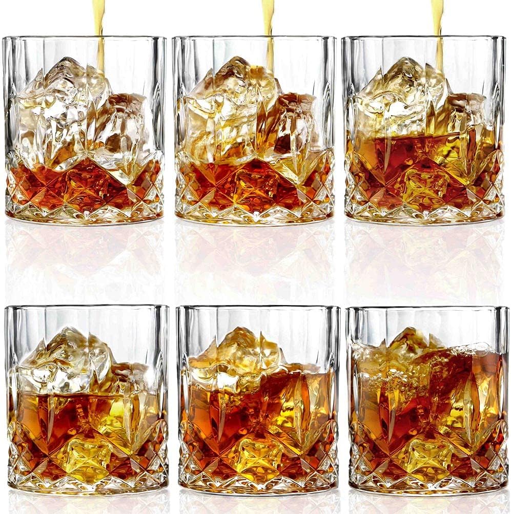 Lead Free Crystal Whiskey Glasses, 11 Oz Unique Bourbon Glass, Ultra-Clarity Double Old Fashioned Glasses (Set of 6)