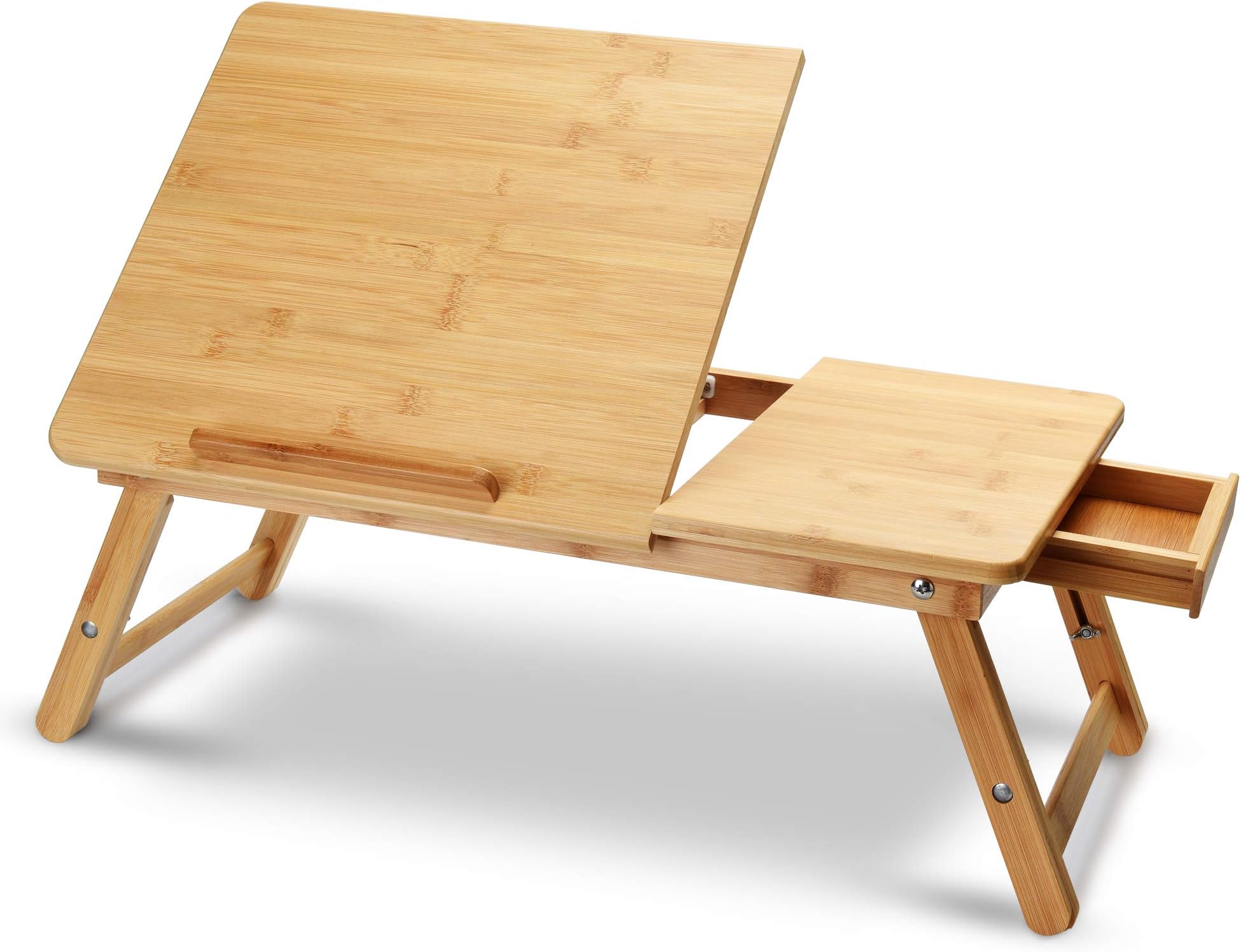 Bamboo Laptop Stand for Desk. Notebook Table Foldable and Portable Design. Adjustable Height and Viewing Angle. Can Be Used as a Breakfast Tray or Drawing Table. Ideal for 15.6-inch Laptops