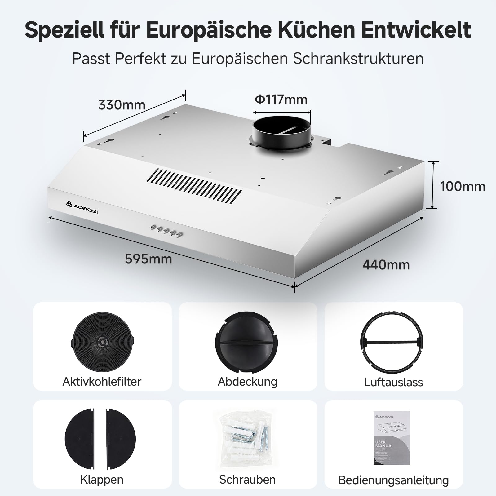 AAOBOSI A++ Dunstabzugshaube Unterbau 60cm, 3 Leistungsstufen, 230m³/h Unterbauhaube, mit Abluft oder Umluft mit Kohlefilter, LED-Licht, Edelstahl Silber