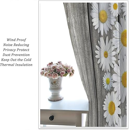 Miniatura 5 de Cortinas rústicas de cocina de granja, margaritas florales de granja de primavera, cortinas opacas de madera retro con bolsillo para barra, cortinas