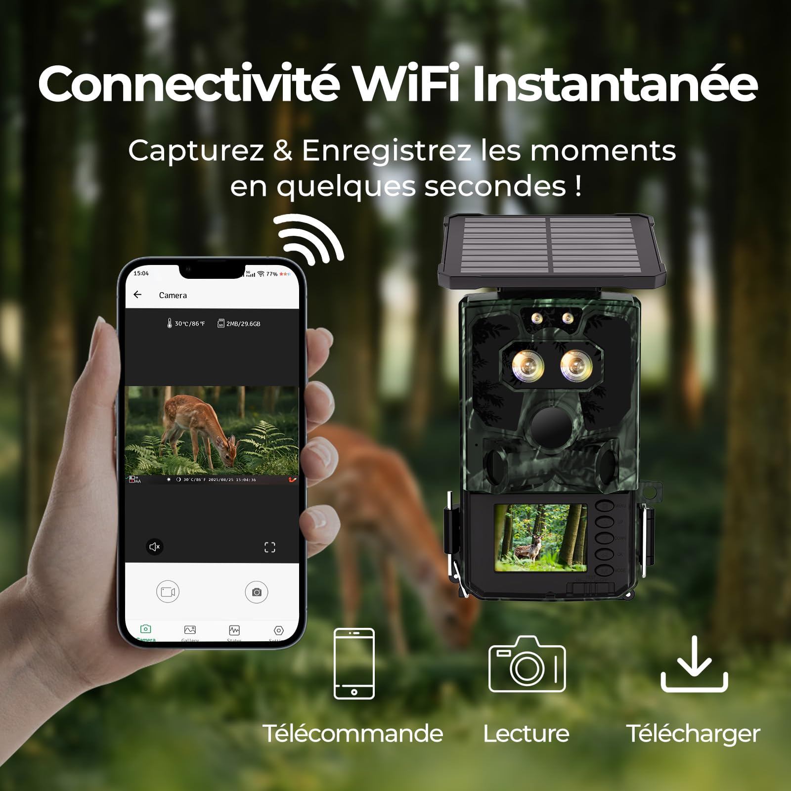 Caméra de chasse WiFi solaire, double objectif, vision nocturne Starlight | Connectée au téléphone via l’application et Bluetooth, vidéo 4K native, photos 60 MP, batterie lithium intégrée, 0,1 s, IP66
