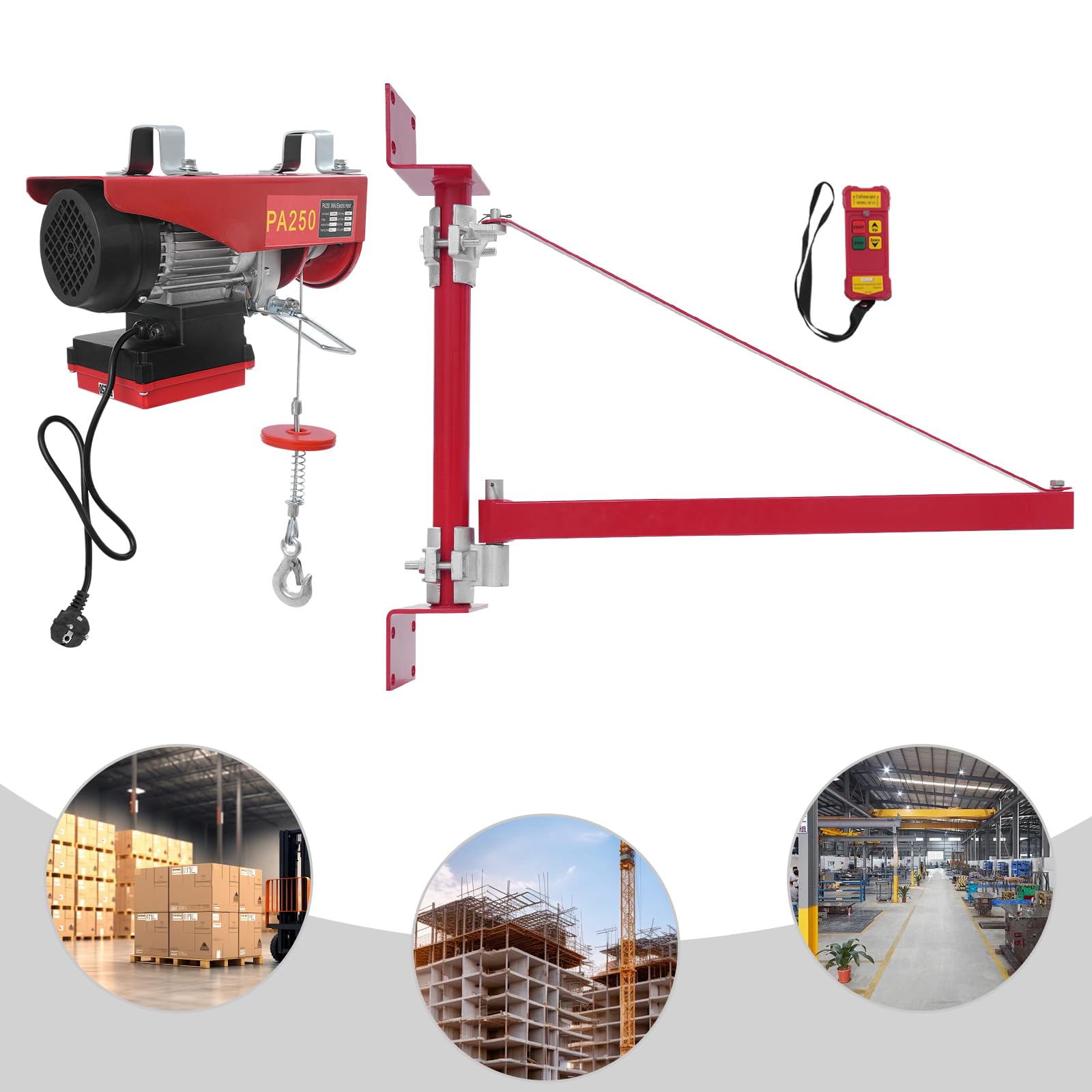 Flaschenzug 250kg, 12m Seil, kabellose Fernbedienung, 550W | 2 Hebearten (Einzel-/Doppelseil), inkl. 2 Tragegurte. Ideal für Garage, Werkstatt & Baustelle – sicher & flexibel