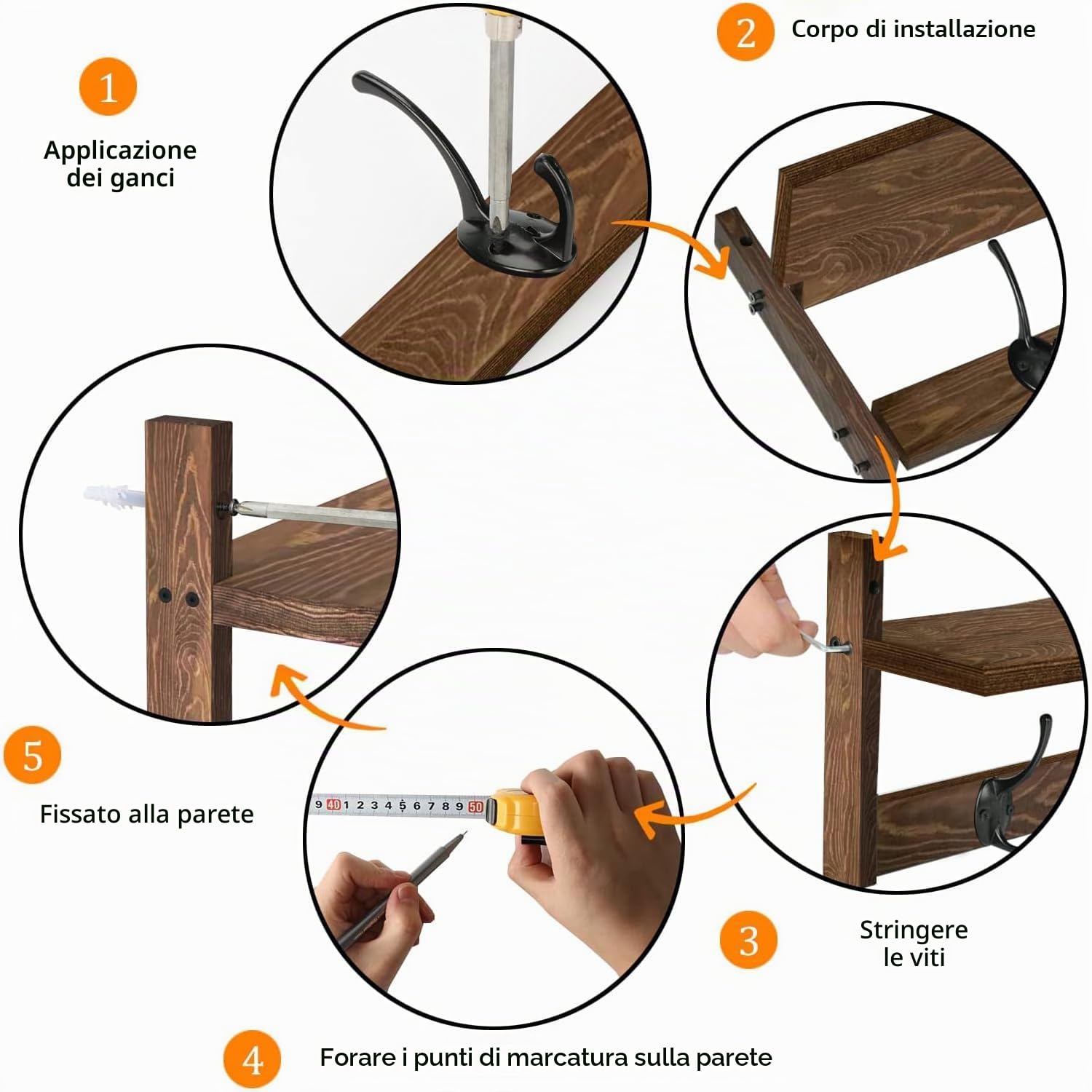BAMEOS Gancio appendiabiti in legno a parete - Mensola lunga 73,5 cm con 5 doppi ganci in metallo, gancio per indumenti per ingresso, bagno, soggiorno, camera da letto, cucina, decorazione e