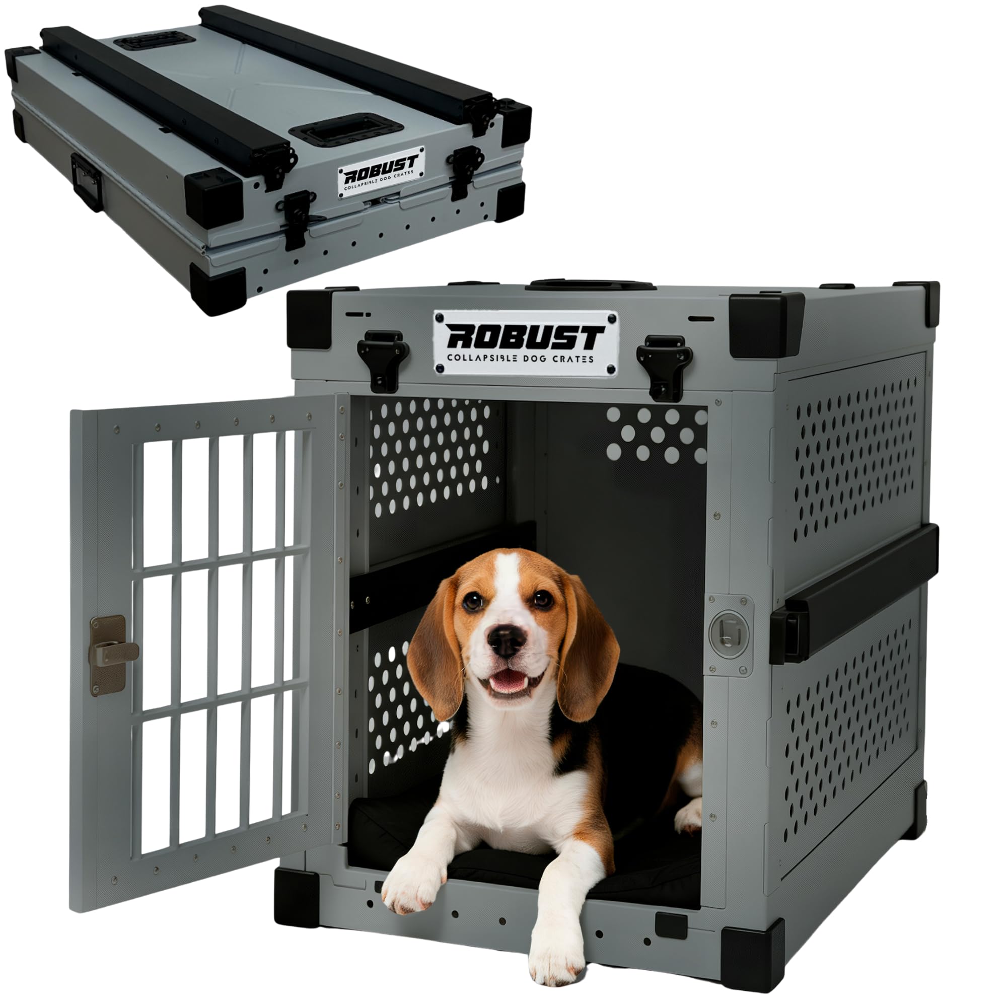 ROBUST Hundetransportbox Auto Faltbar für Alle Hunderassen – Leichte Hundebox aus Aluminium mit Verstärkten Ecken | Tragetasche Hund Kofferraum für Zuhause, Auto, Ausflug und Flugreisen (Gris, L)