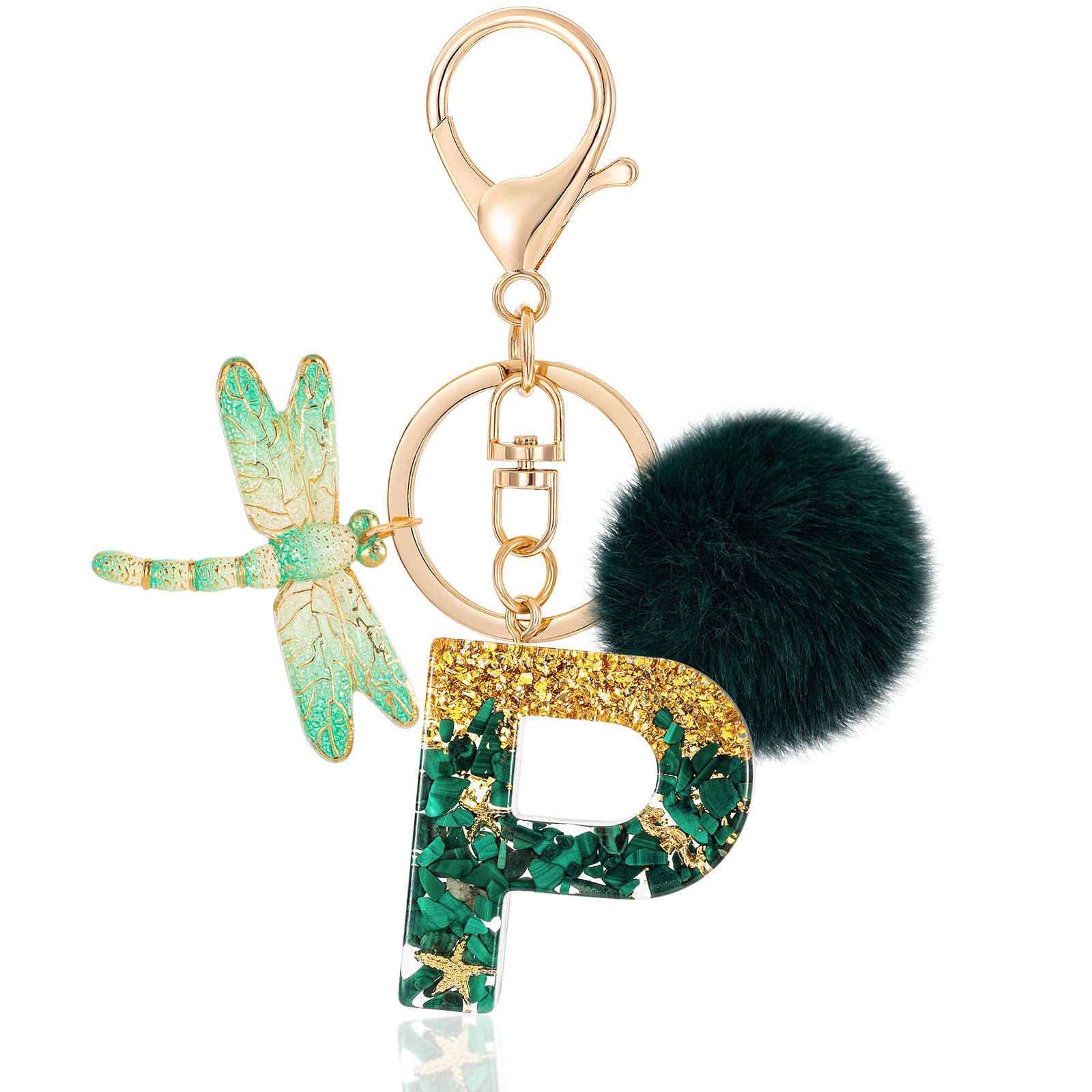 MWOOT Initial Resin Letter Keychain, Cute Car Keyring, Alphabet Key Chain with Butterfly Tassel, Red Plush Ball for Bag Decor