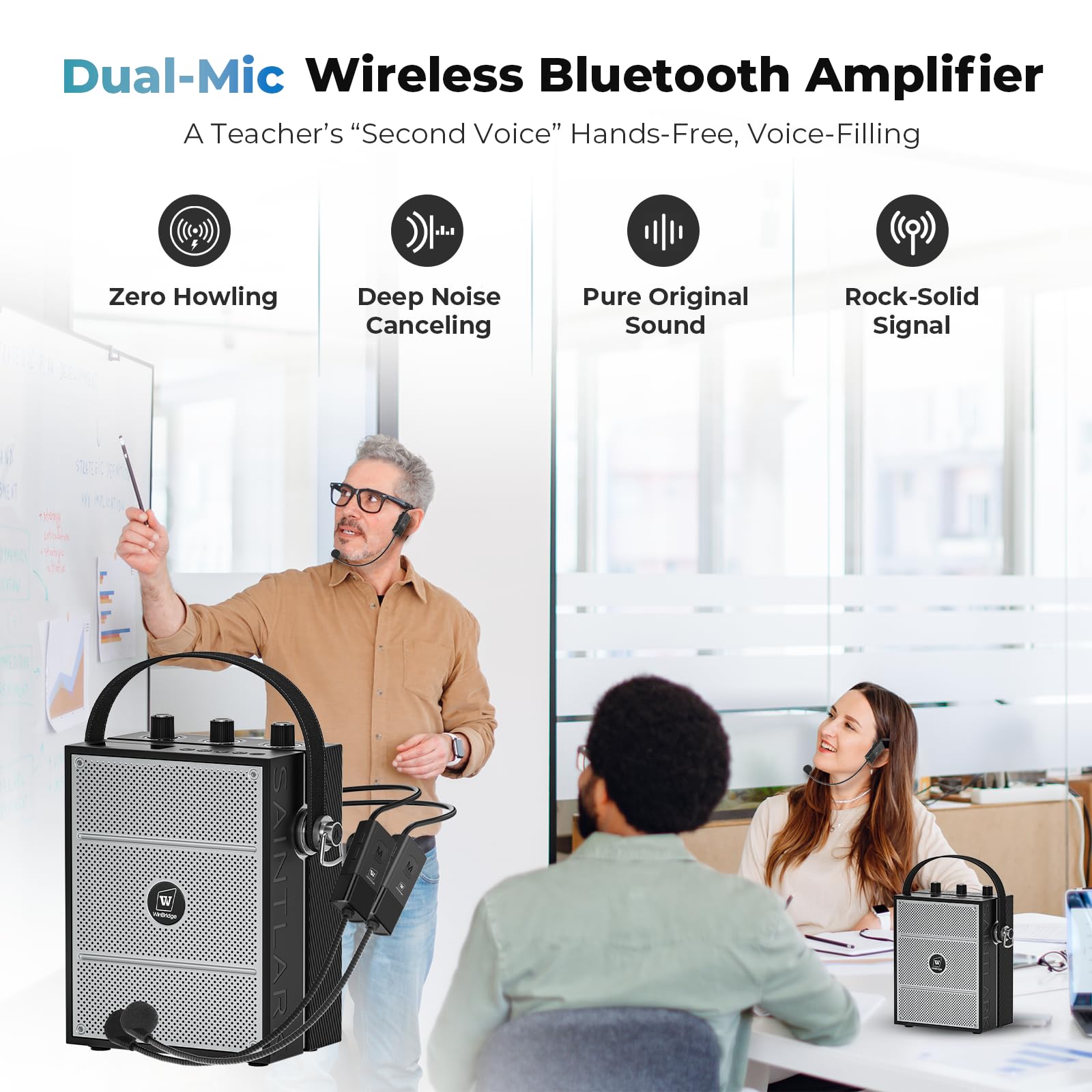 50 W Sprachverstärker mit 2 Headset-Mikrofonen, Mikrofon mit Lautsprecher, tragbares Soundsystem mit Mikrofon, Bluetooth-Lautsprecher, Megafon für Lehrer, Klassenzimmer, Outdoor