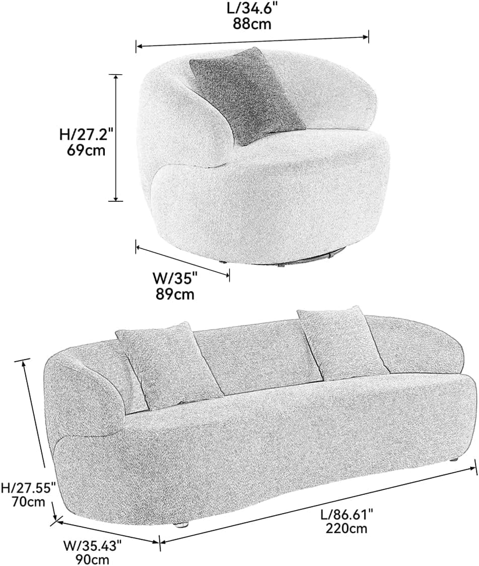 Luxury Modern Curved Sofa with Round Swivel Accent Sofa Chair 2-Piece Set, Back Upholstered Boucle Fabric Couch with 3 Throw Pillows for Living Room, Office, Apartment, Navy Blue