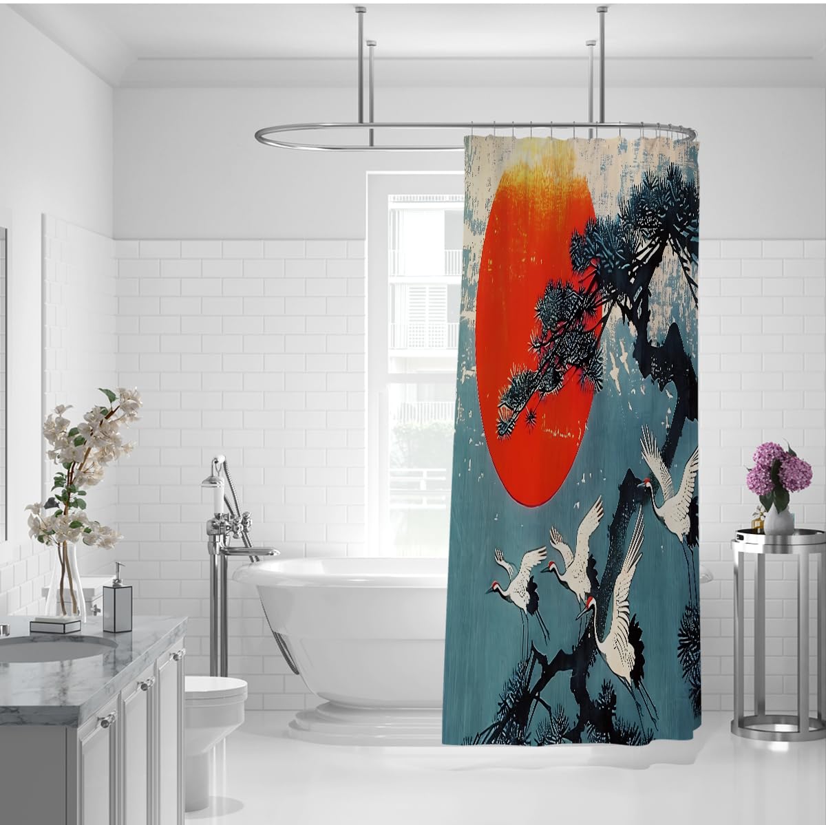 Japanische Fliegende Kraniche Duschvorhang rote Sonne Kiefer W180xL220 cm