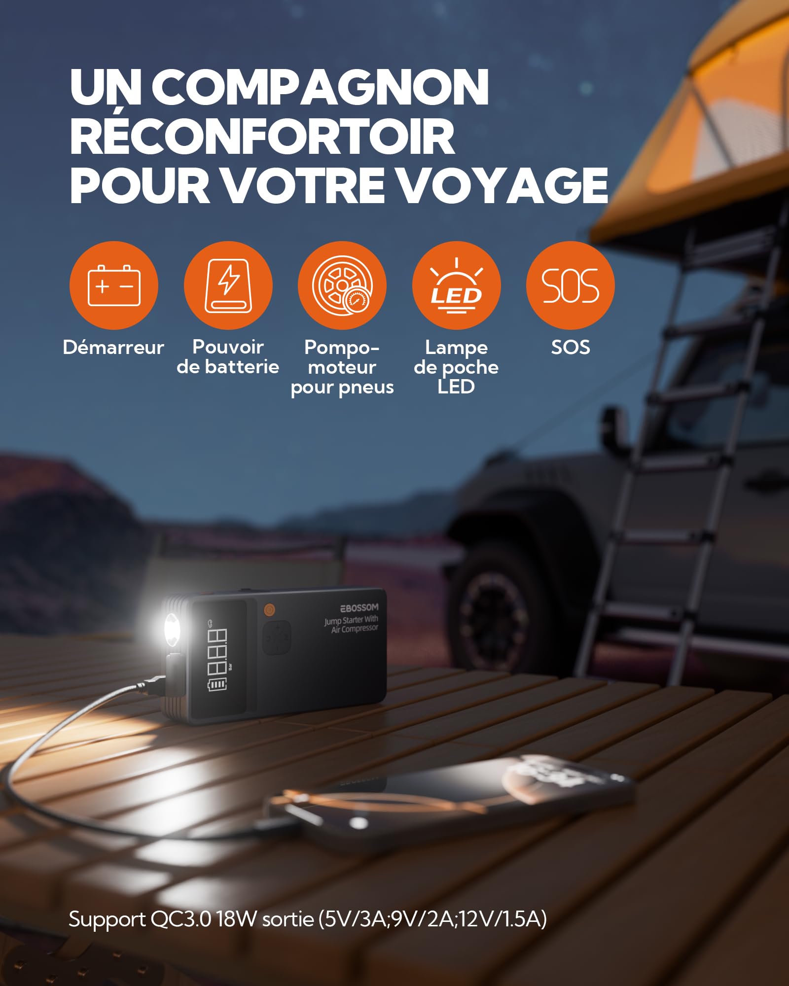 Booster Batterie Voiture avec Gonfleur,Demarreur Batterie Voiture avec Compresseur d'air Portable 7en1,Jump Starter Boost pour Moto de 12000 mAh,Booster d'urgence avec Lampe LED,Charging USB-C