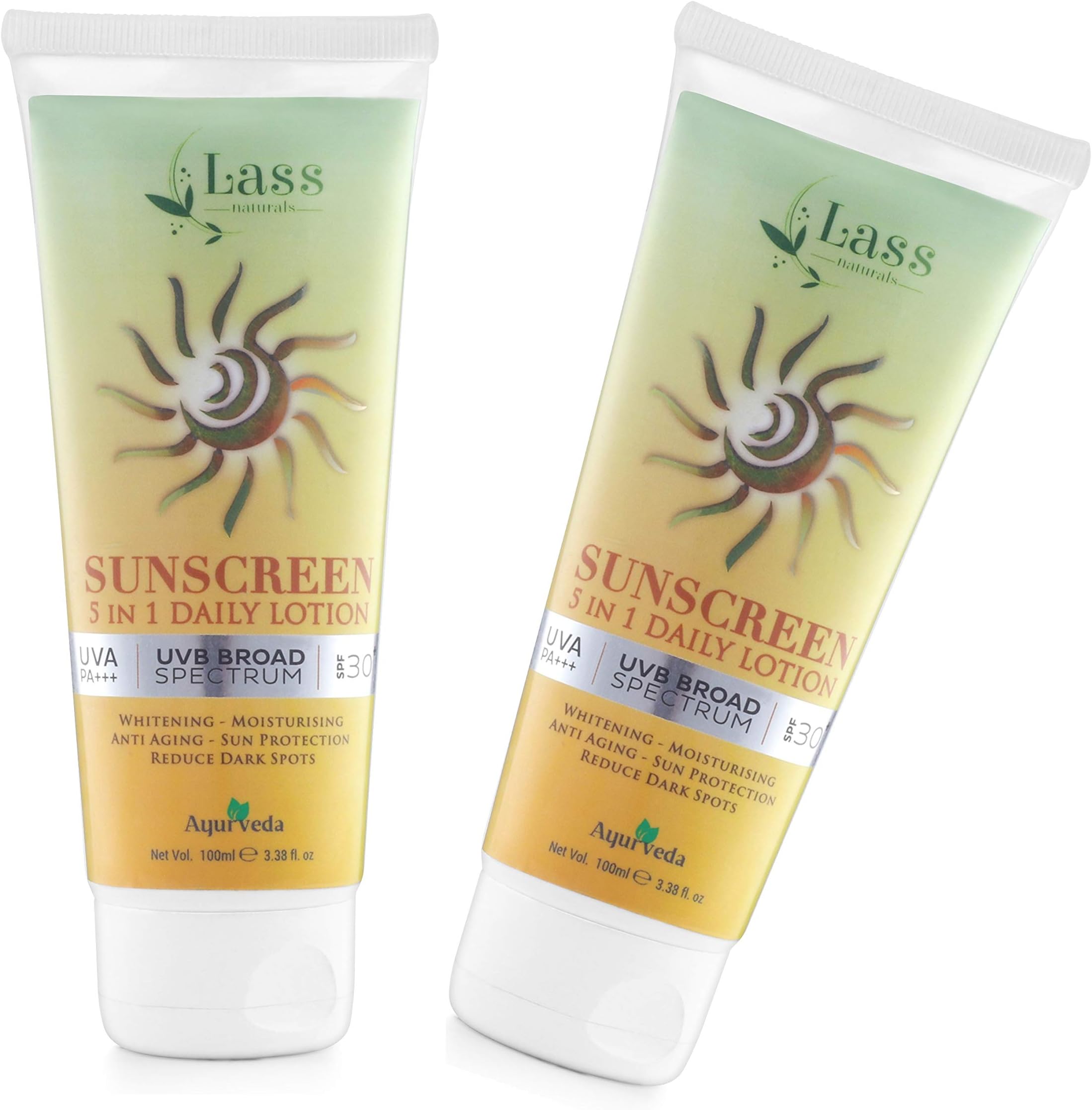 Lass Naturals Sunscreen 5-in-1 Daily Lotion SPF 30+ UVA PA+++ Skin Safe Face Sunscreen Water resistant Best Sunscreen lotion Non Sticky (Pack 2)