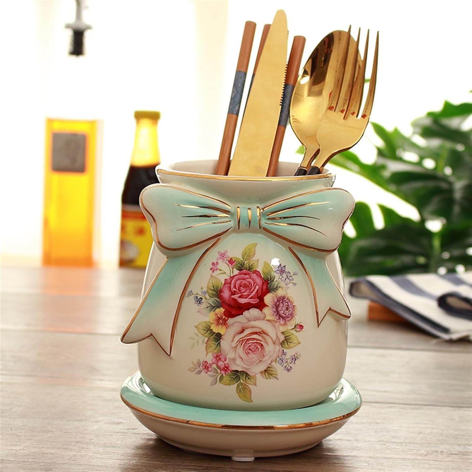 Utensil Holde Utensil Holder, Ceramic Utensil Holder Kitchen Countertop Organizer, Household Spoon and Chopstick Holder Tableware Drain with Bow Decoration Utensil Crocks(Blue)