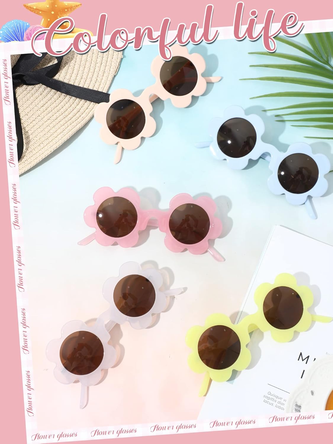 Kanayu 6 Pairs 5.71 Inch Adults Flower Sunglasses Summer Round UV Protection Flower Glasses Colorful Eyewear for Women Men - Image 5