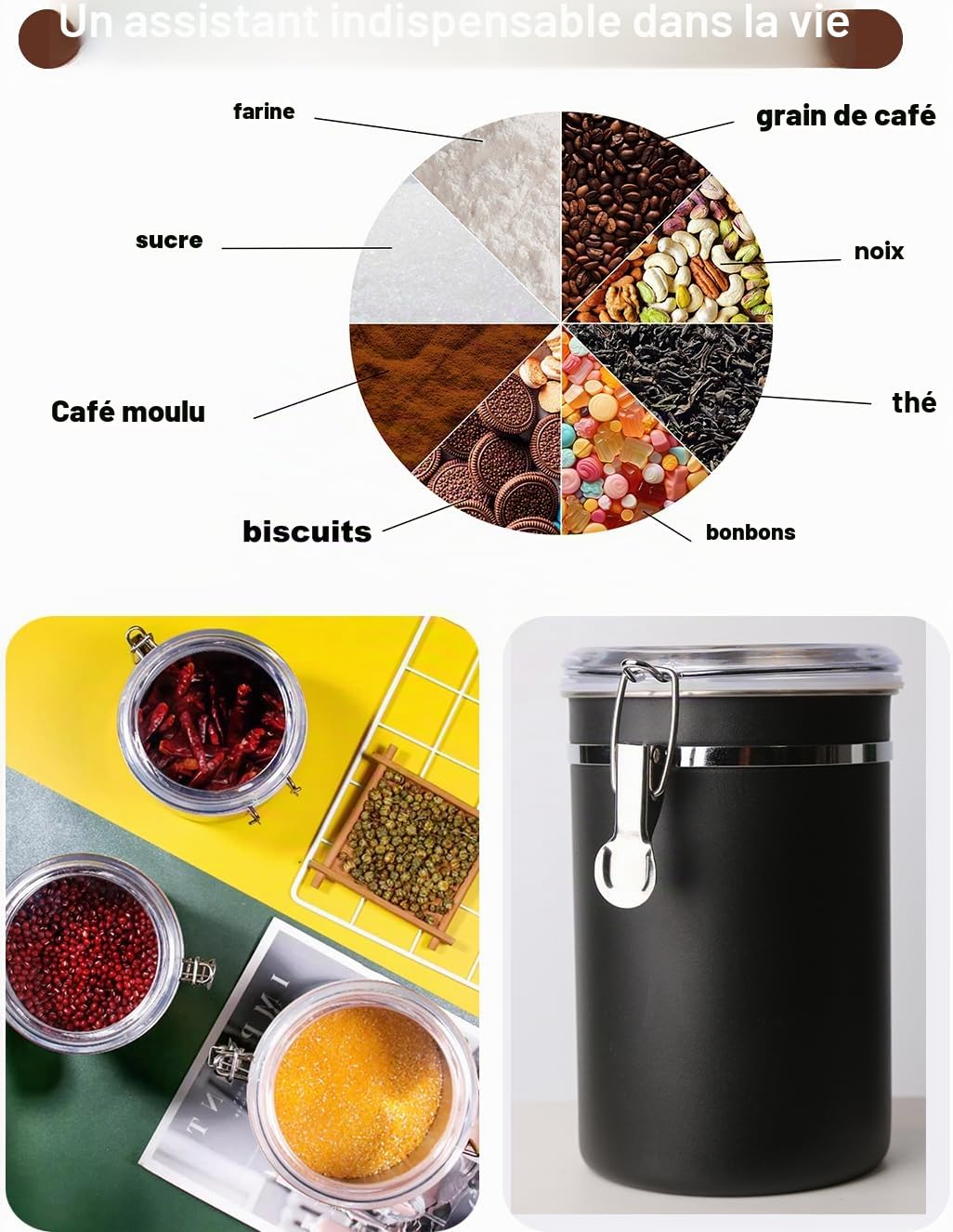 Walktosun Boîte à Café Hermétique, Conservation en Acier Inoxydable pour Grains de Café avec Couvercle Transparent Bocal Récipient Rangement Cuisine Alimentaires Stockage Thé (Lot de 2-1.8L - Noir)