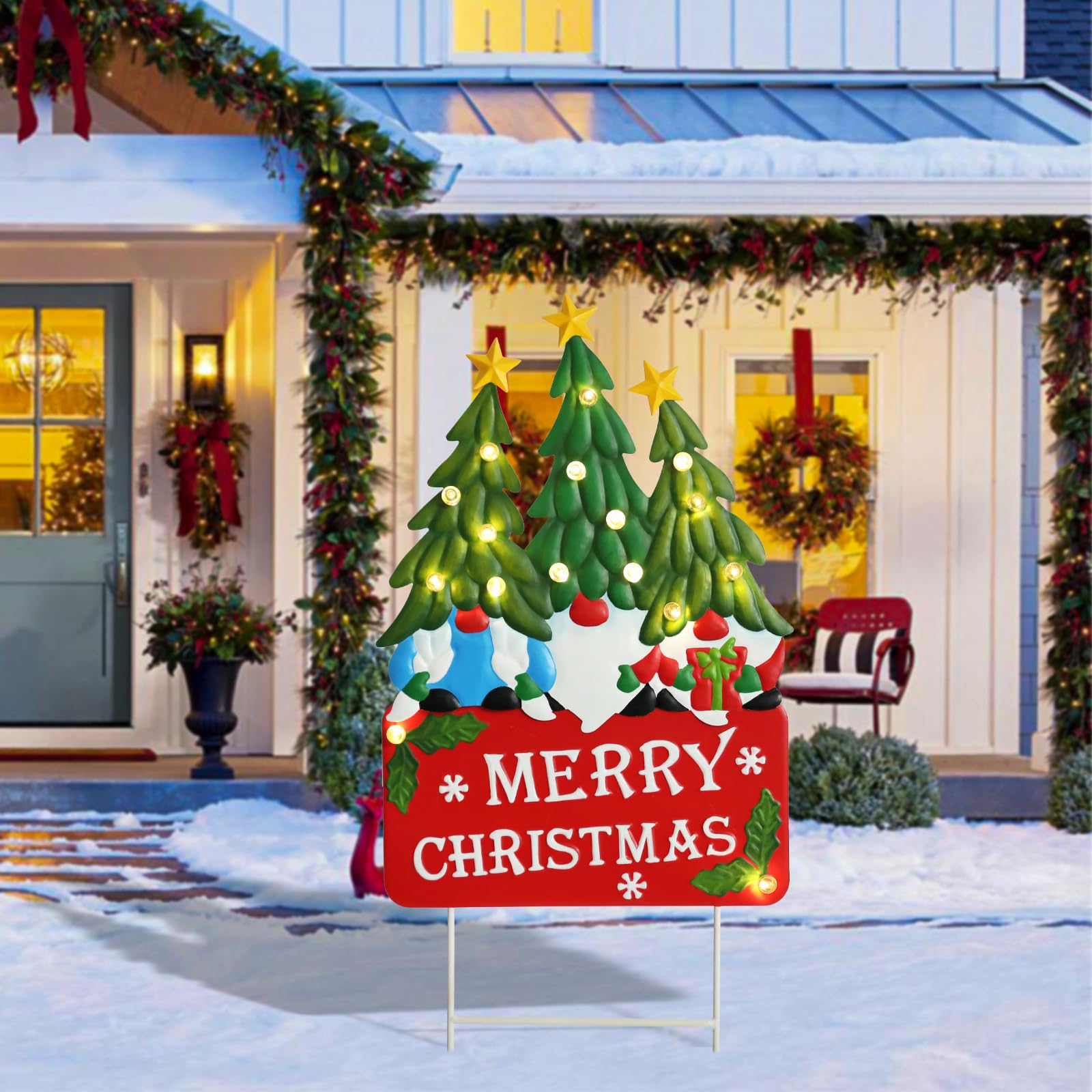 Piquets de cour de Noël lumineux avec nains de Noël à LED, arbres de Père Noël, piquets de cour en métal éclairés, panneau « Merry Christmas », piquet de jardin, pelouse, allée, décoration extérieure