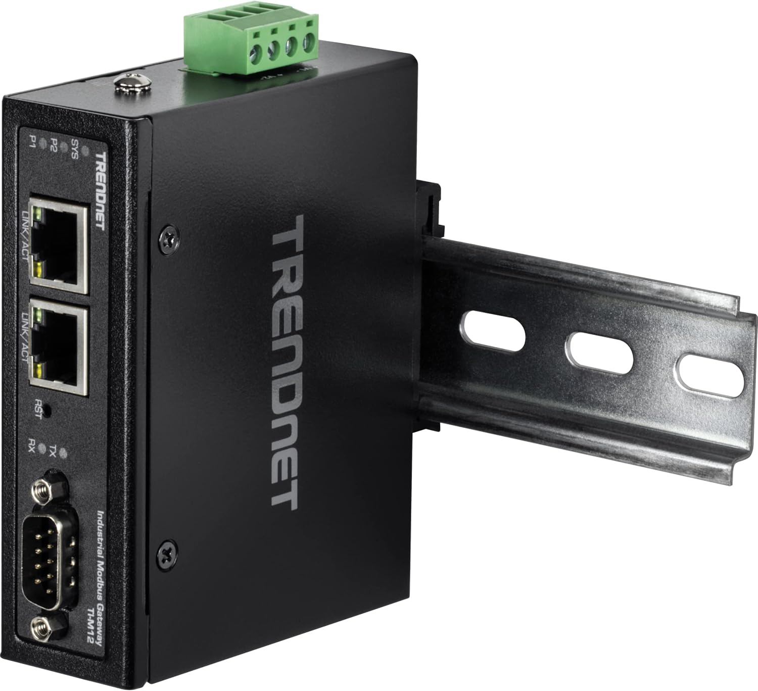 TRENDnet 1-Port Fast Ethernet Industrial Modbus Gateway, 1 x Serial DB-9 Port, 2 x Fast Ethernet Ports, Up to 100m (328 ft), IP30 Rated Housing, Extreme Temperature Protection, Black, TI-M12