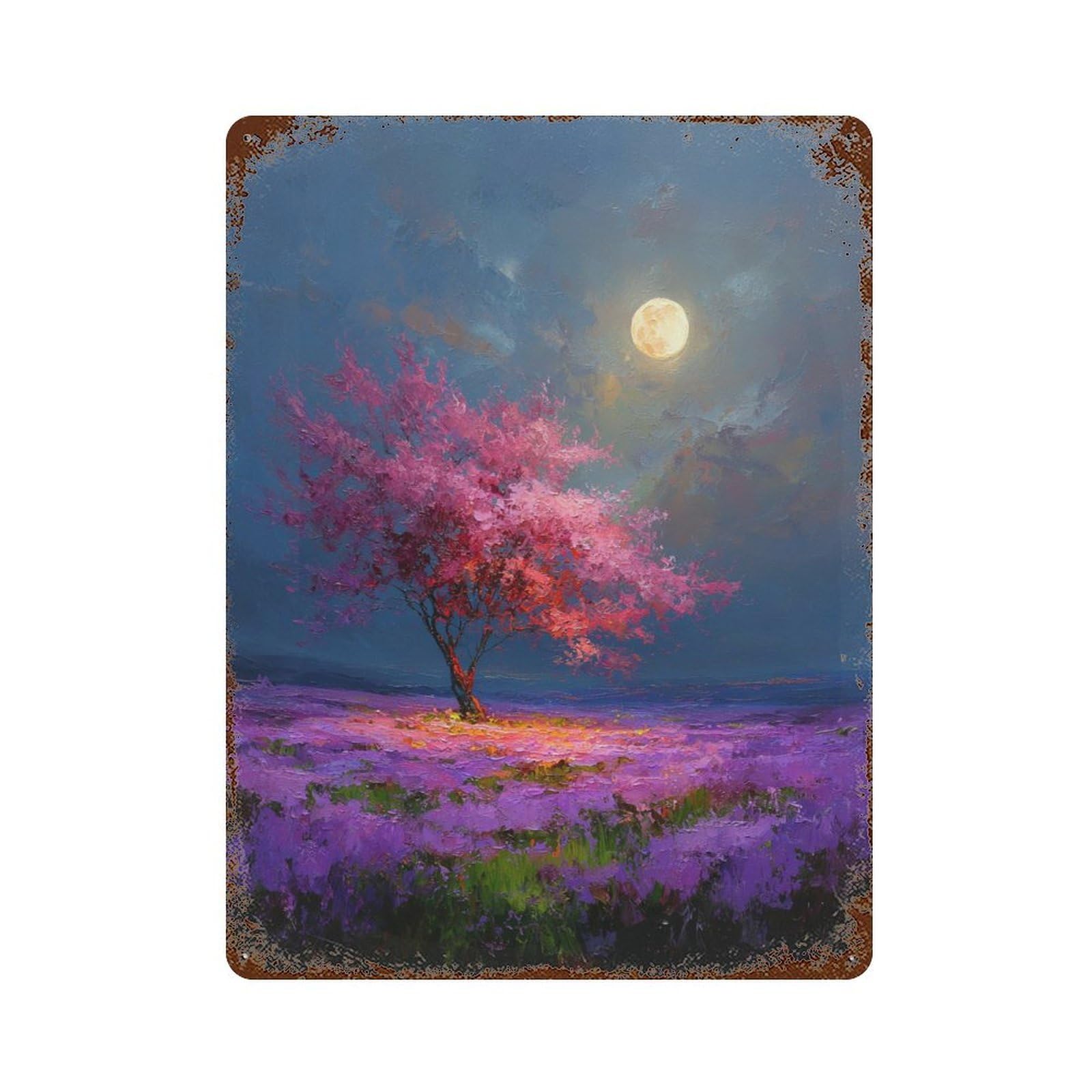 Rustic Tin Plaque with Full Moon Lavender Field Painting -1 Design 15.7"x11.8", for Cafe, Home Bar And Lounge Decor, Novelty Wall Decor