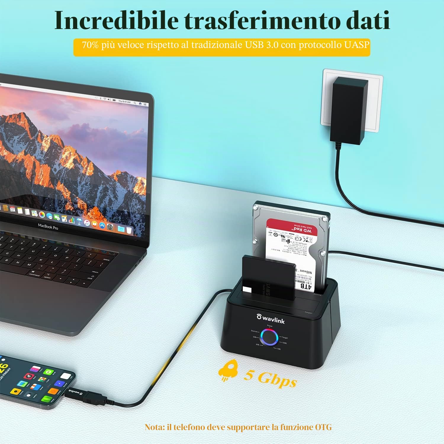 WAVLINK Dual Bay SATA a USB3.0 disco rigido esterno HDD Docking Station per 2,5 o 3,5 pollici hdd, SSD con dischi rigidi fotocopiatrice/cloni della funzione di nero