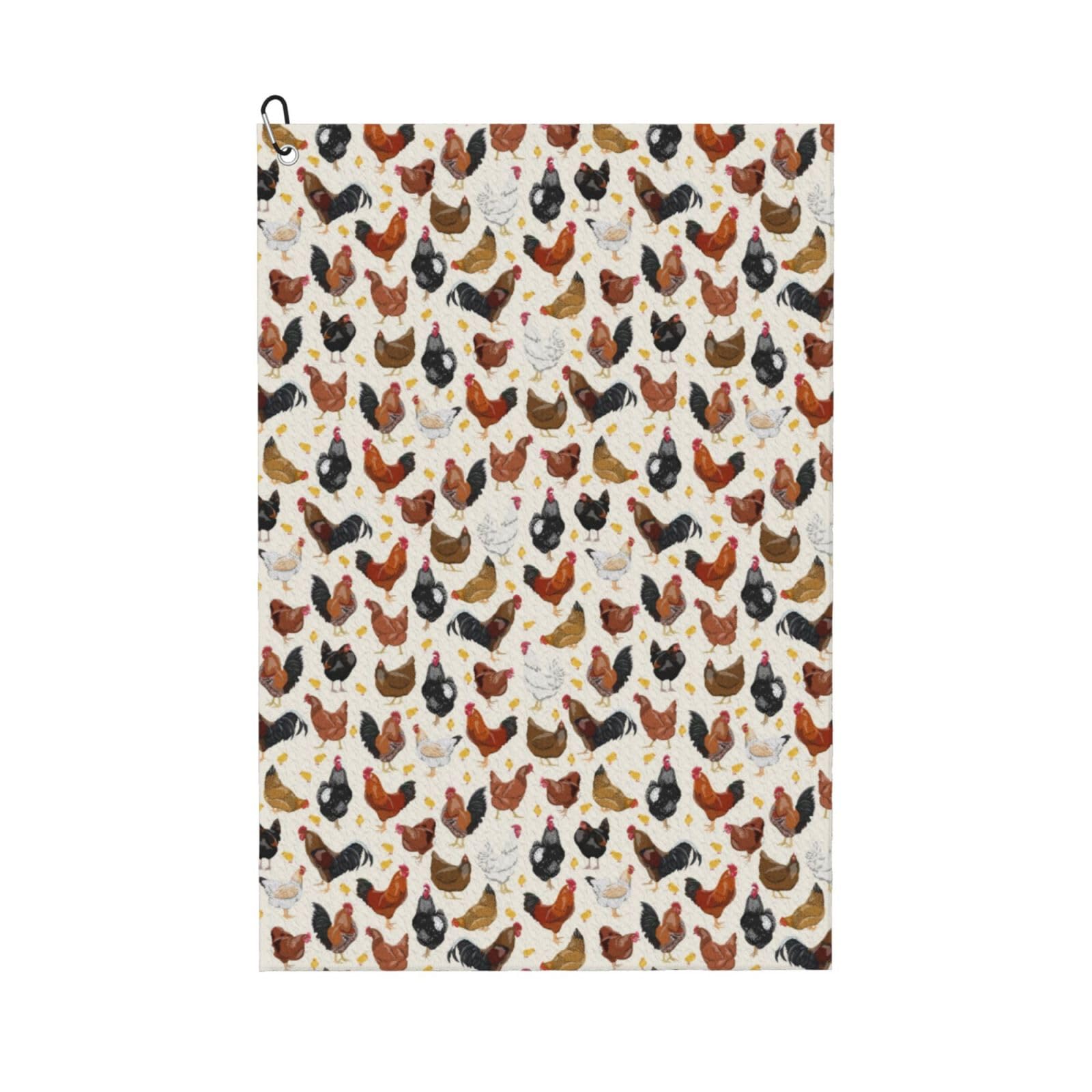 AOOEDM Roosters and Chickens Print Golf Towel with Carabiner Clip Absorbent Microfiber Golf Towel for Cleaning Golf Ball Club Putter Iron for Golf Bag Trolly Belt Loop 16" X 24"