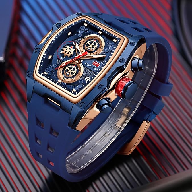 MF MINI FOCUS Watch for Men Wristwatch Fashion Hollow Big Dial Luminous Waterproof Sport Analog Quartz Business Chronograph Mens Watches Blue Silicon Strap Dress Watch