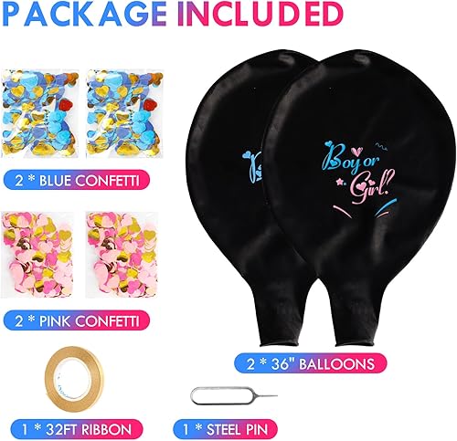 Miniatura 5 de Globos gigantes de revelación de género de 36 pulgadas, 2 globos negros grandes de confeti para revelación de género con confeti en forma de corazón