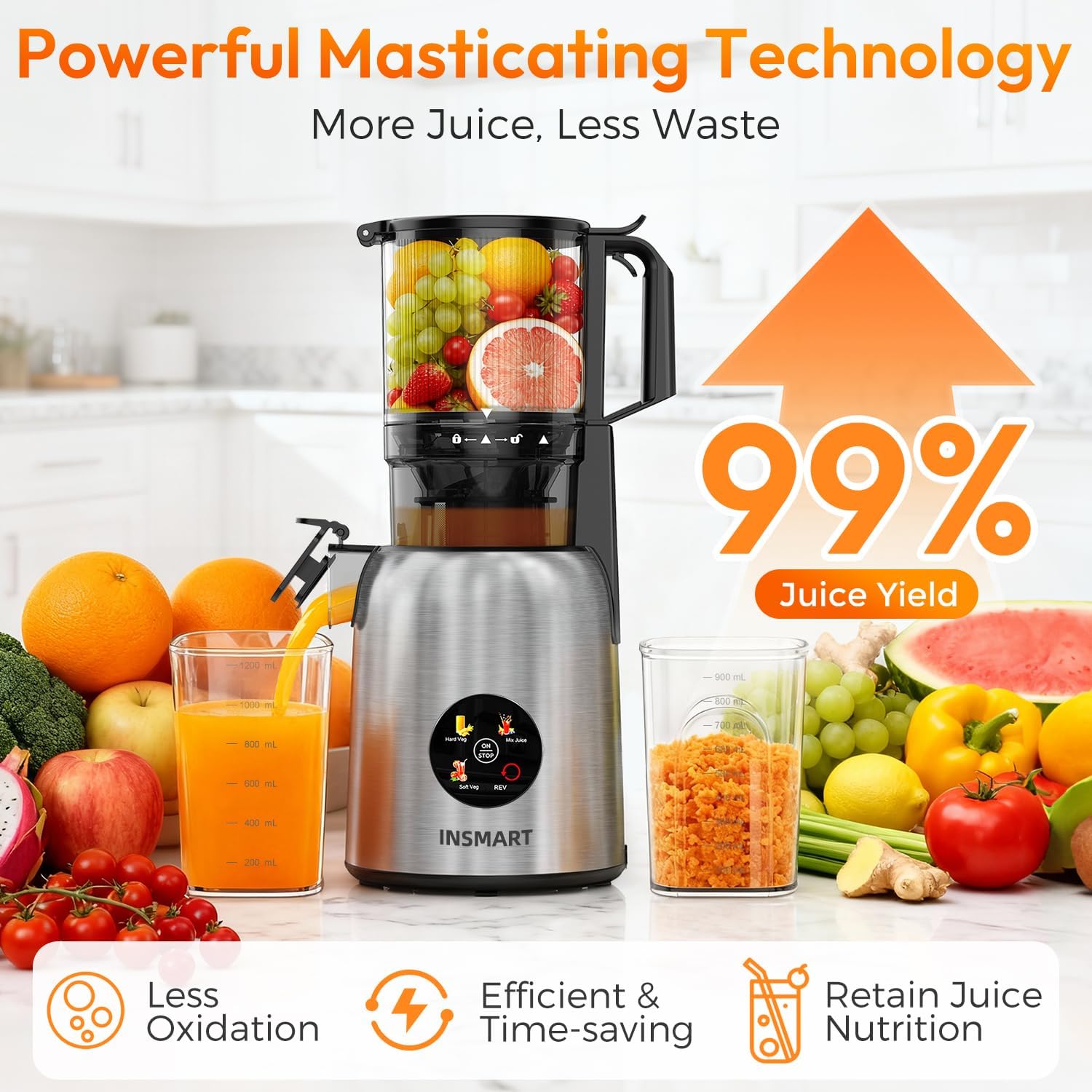 INSMART 3-in-1 Cold Press Juicer,Juicer Machines with 5.3" Large Chute,Slow Masticating Self Feeding for Juice Extractor Machine for Whole Fruits & Vegetables High Juice Yield