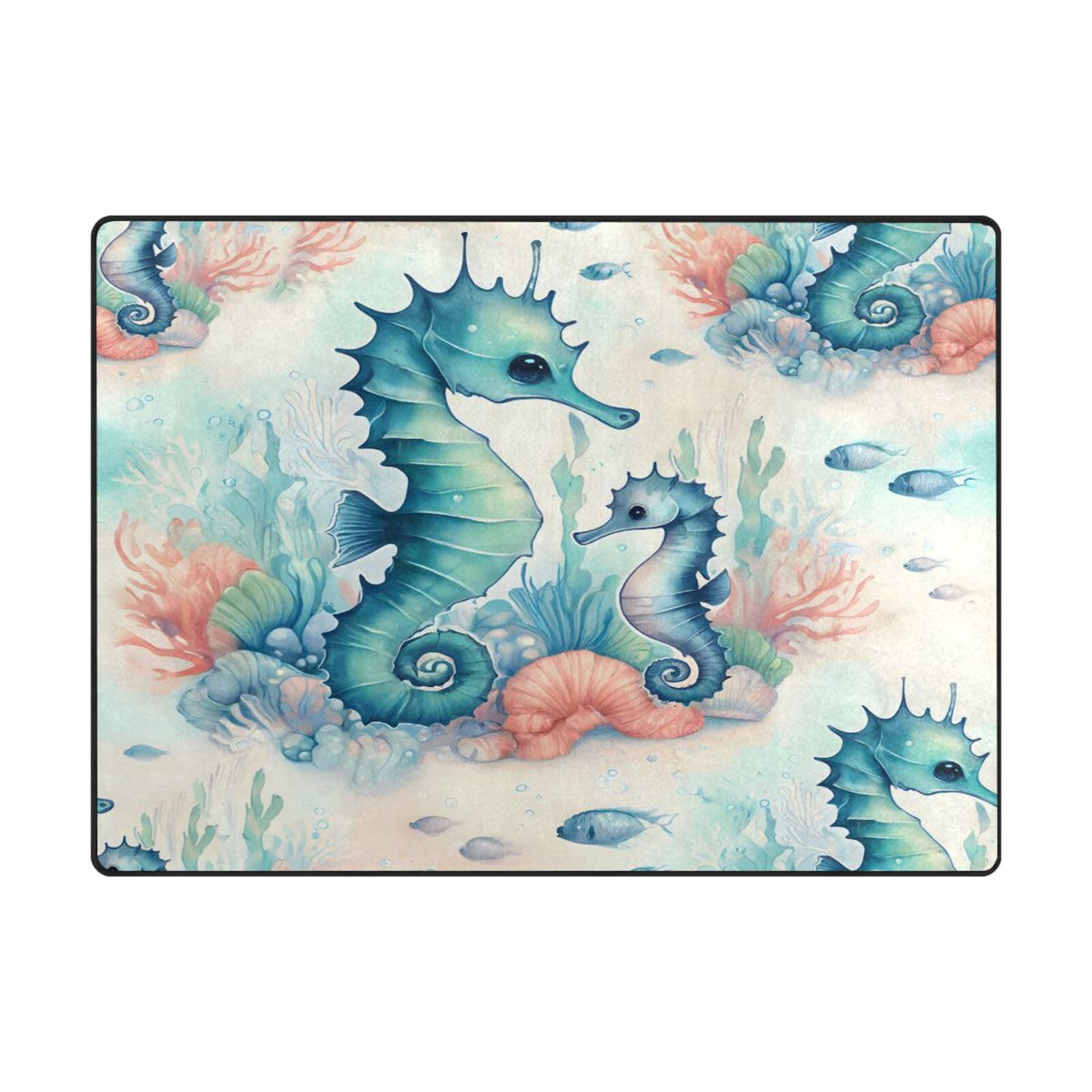 Tapis grand format 203 x 147 cm doux motif hippocampe style contemporain