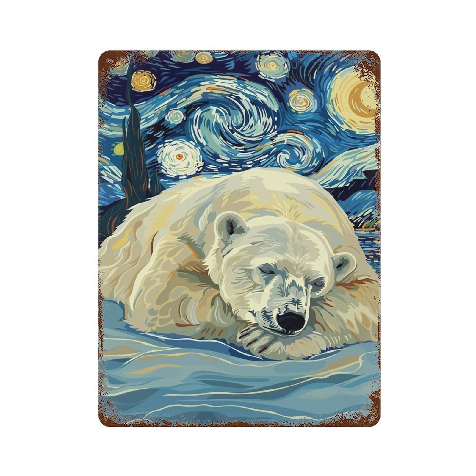 Garage Style Polar Bear Starry Night Art Rusty Metal Tin Sign 15.7"x11.8", Farmhouse Wall Decor for Bar And Workshop