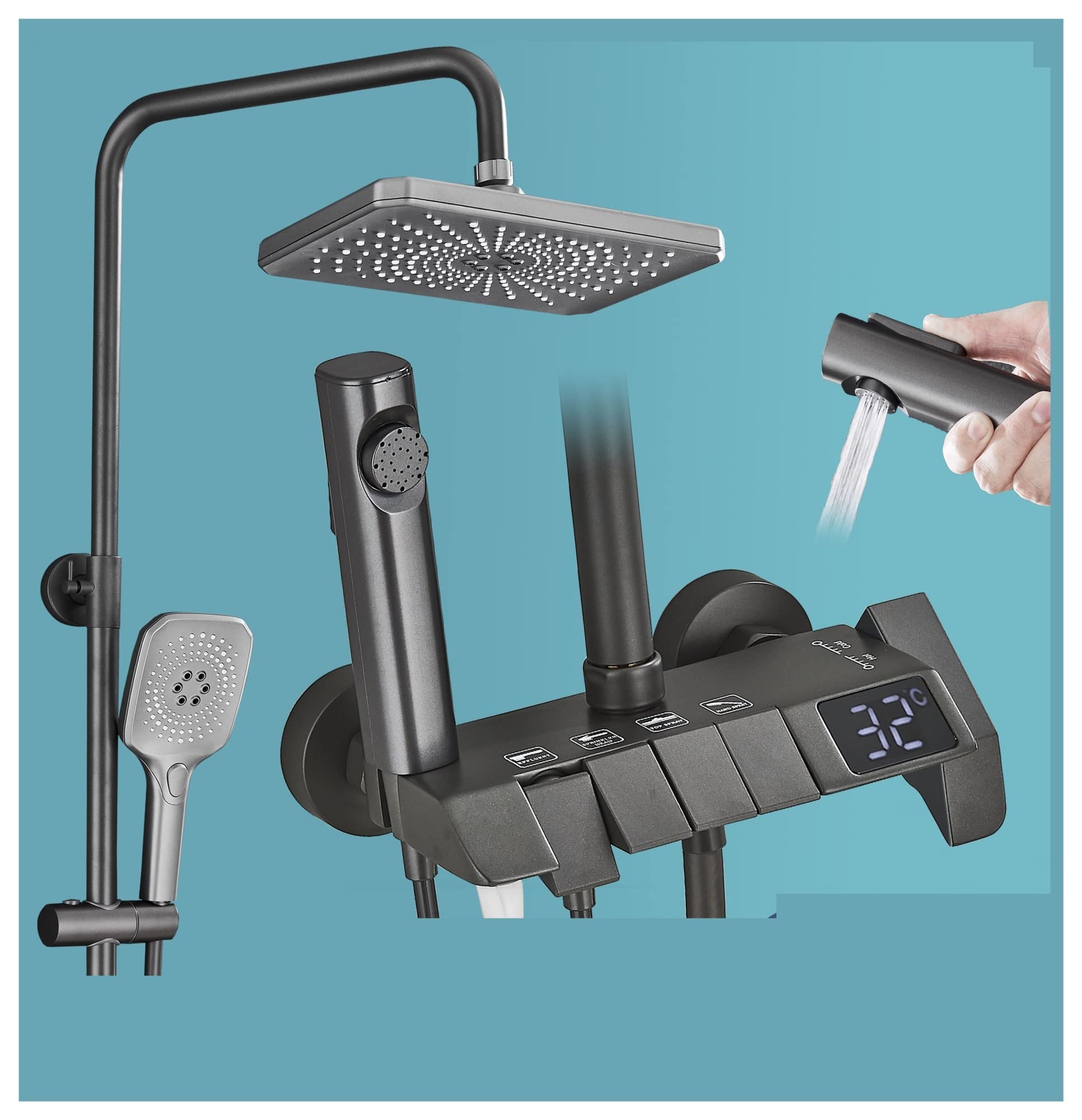 Soywim Bianco Shower System, Grey Piano Digital Shower Set Intelligent Brass Bathroom Faucets Hot Cold Waterfall Tap Rainfall Gray System(Bianco)