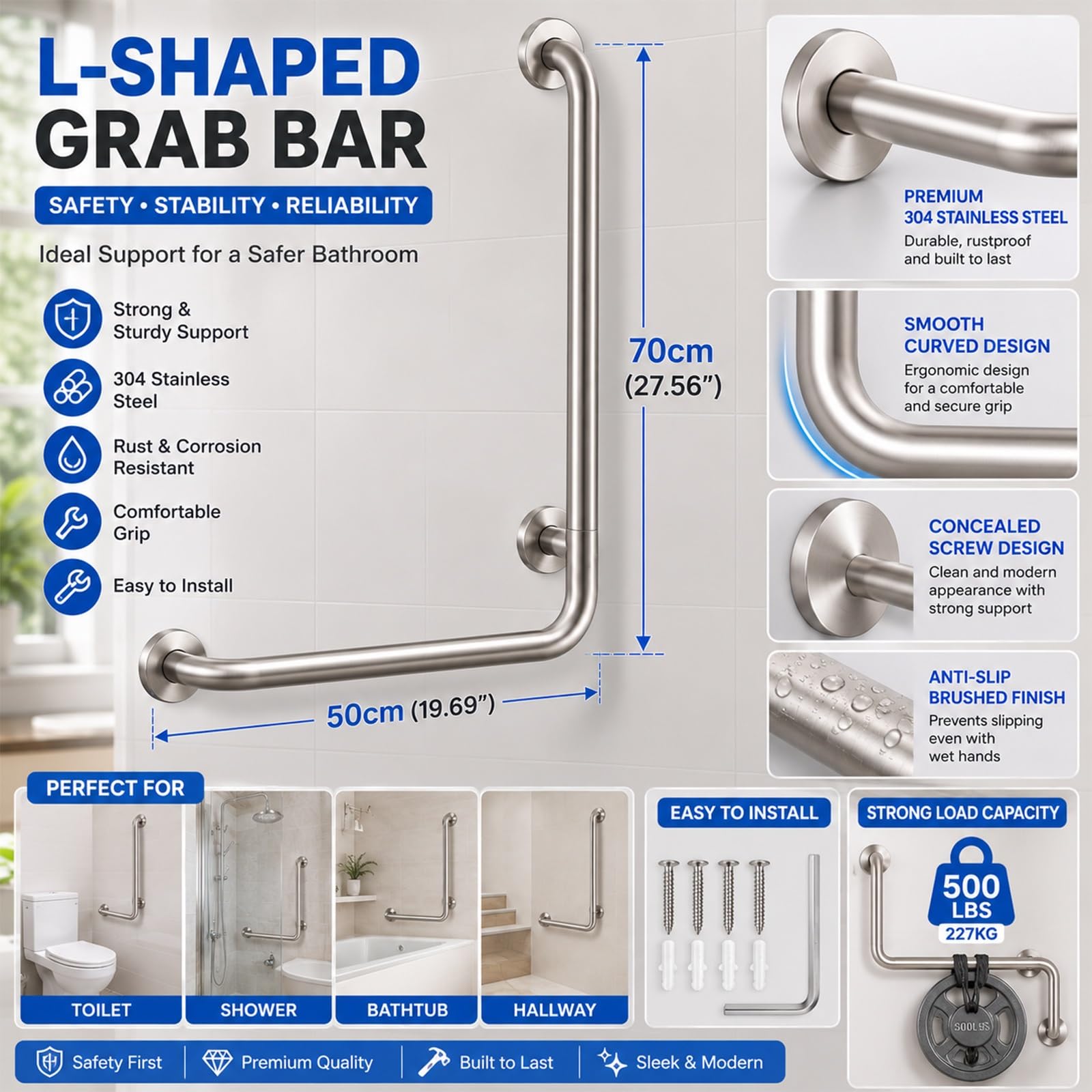 Barras De Agarre para Ducha, Barras De Seguridad ADA De Acero Inoxidable 304 para Bañeras, Duchas Y Sanitarios; Asa Texturizada para Personas Mayores(70 * 70cm)