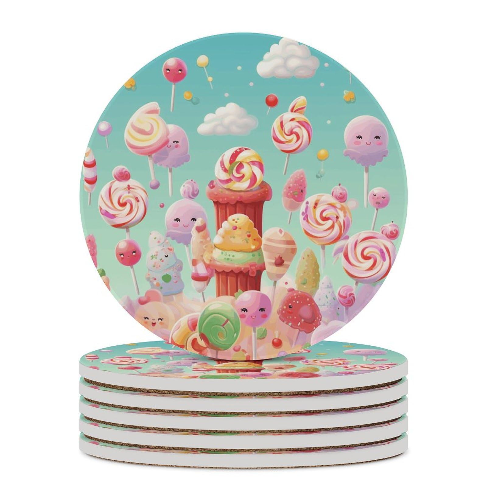 Lot de 6 dessous de verre en céramique avec dos en liège - Dessous de verre en forme de bonbon pour boissons - Dessous de verre rond absorbant en pierre pour types de tasses, table basse