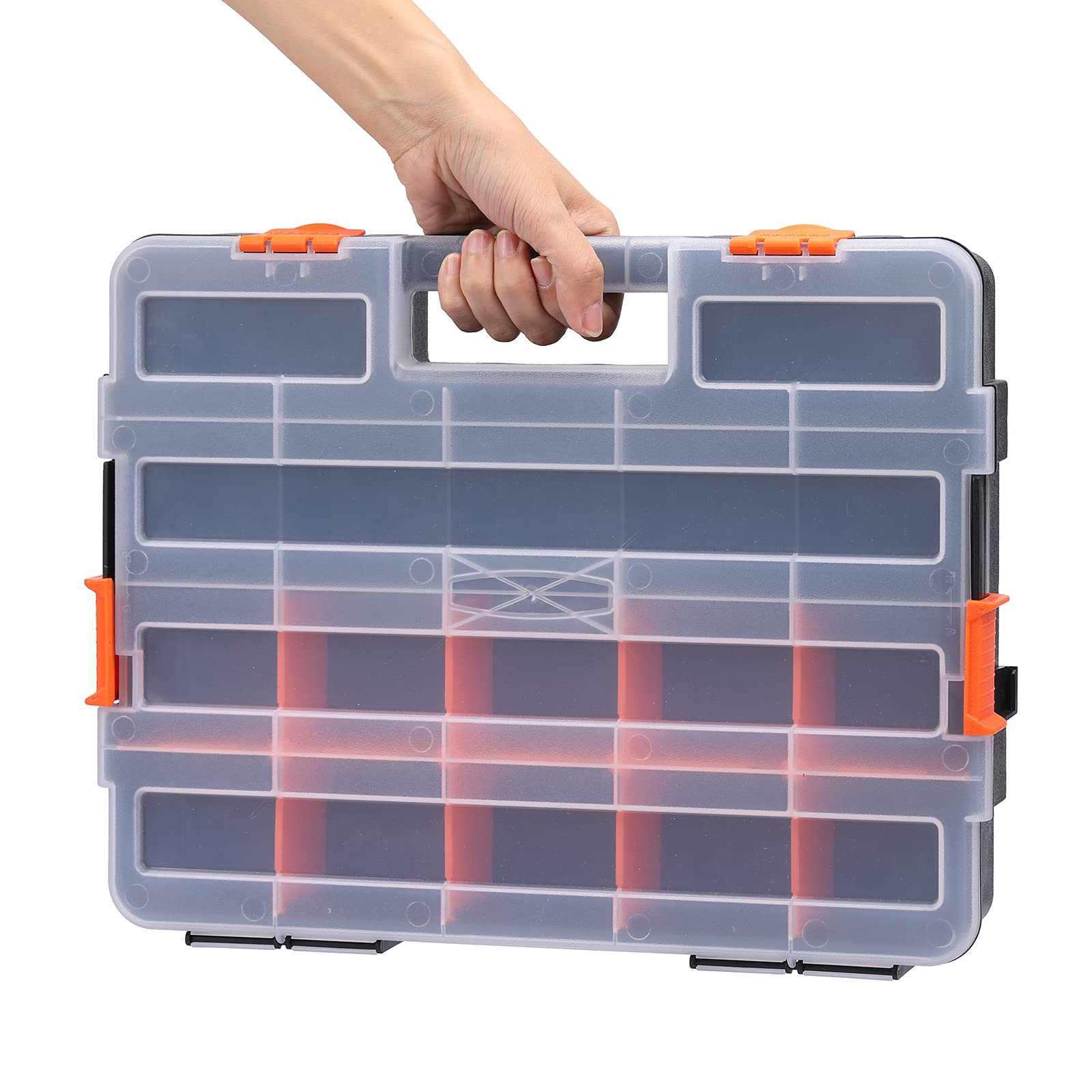 EMENTOL Set di 2 organizer per cassetta degli attrezzi, 20 divisori rimovibili, scatola di plastica resistente, eccellente per viti, dadi, piccole parti, 34 scomparti, nero/arancione, set da 2 pezzi