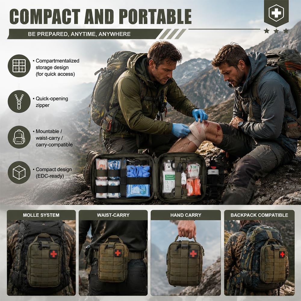 Kit Pronto Soccorso Militare, 61 Pezzi Kit di Primo Soccorso per Esterni per Campeggio, Escursioni, Casa Borsa di Pronto Soccorso Trauma First Aid Kit per Campeggio, Escursionismo e Uso Domestico